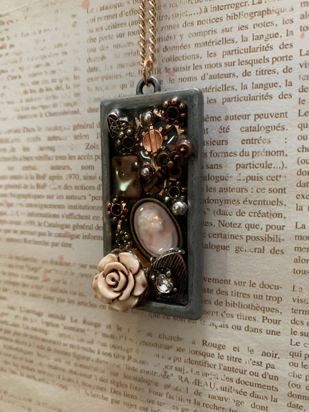 Steampunk Lady cameo rectangle necklace