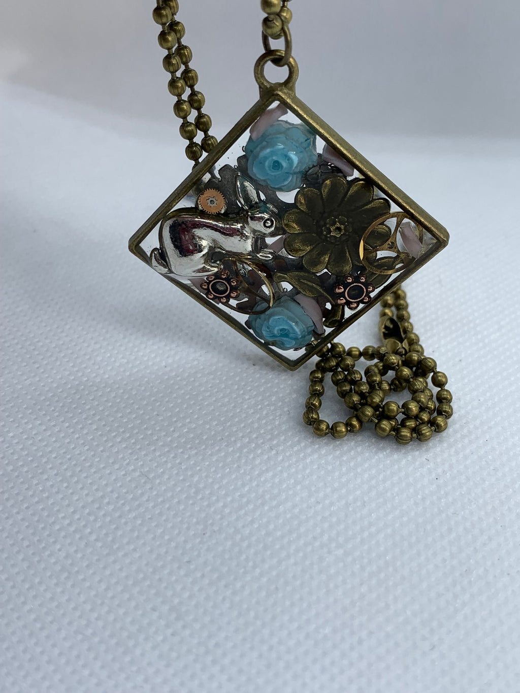 Easter Rabbit Blue roses Steampunk Necklace
