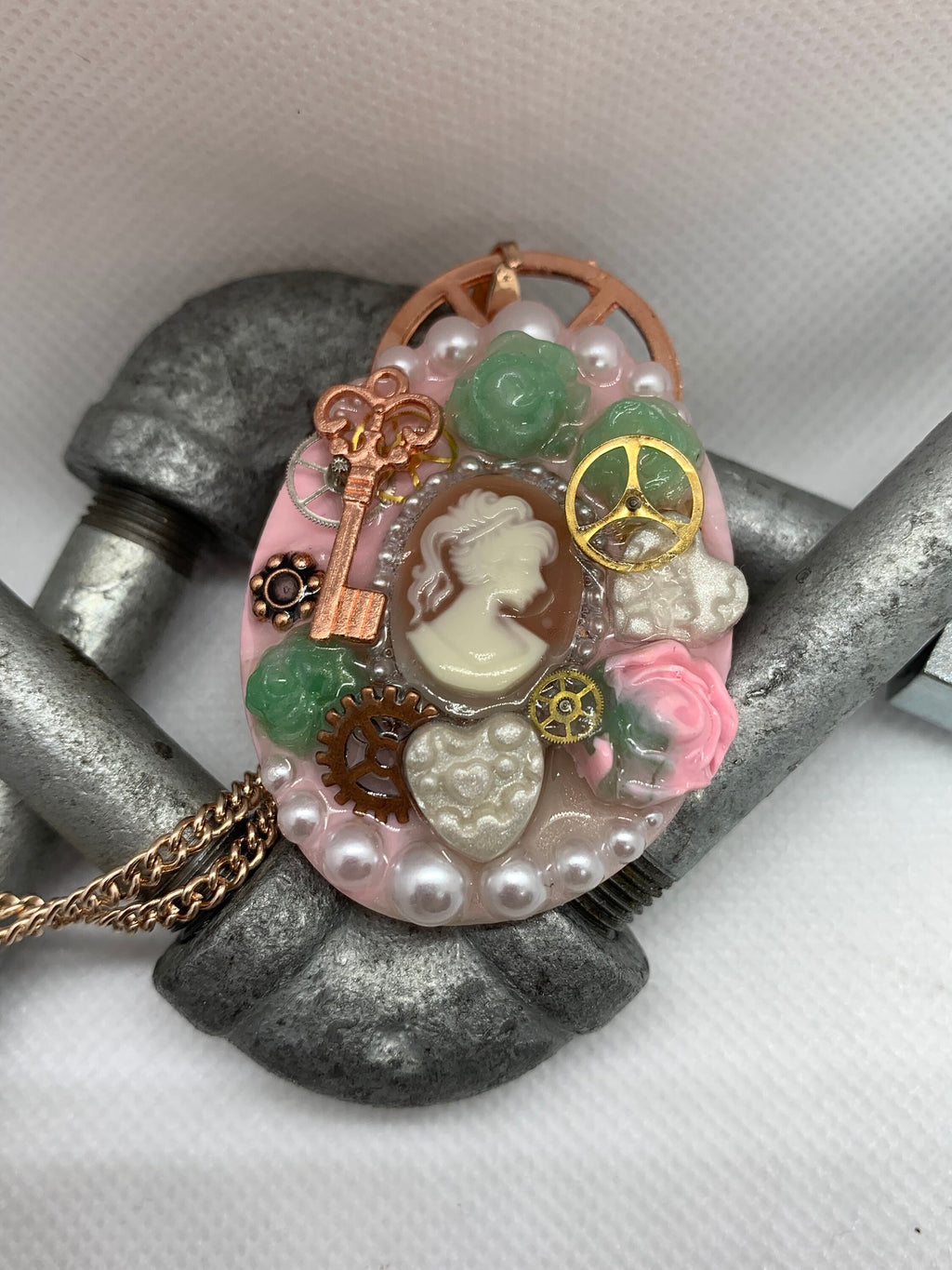 Oval Lady Cameo Steampunk Rose Pendant
