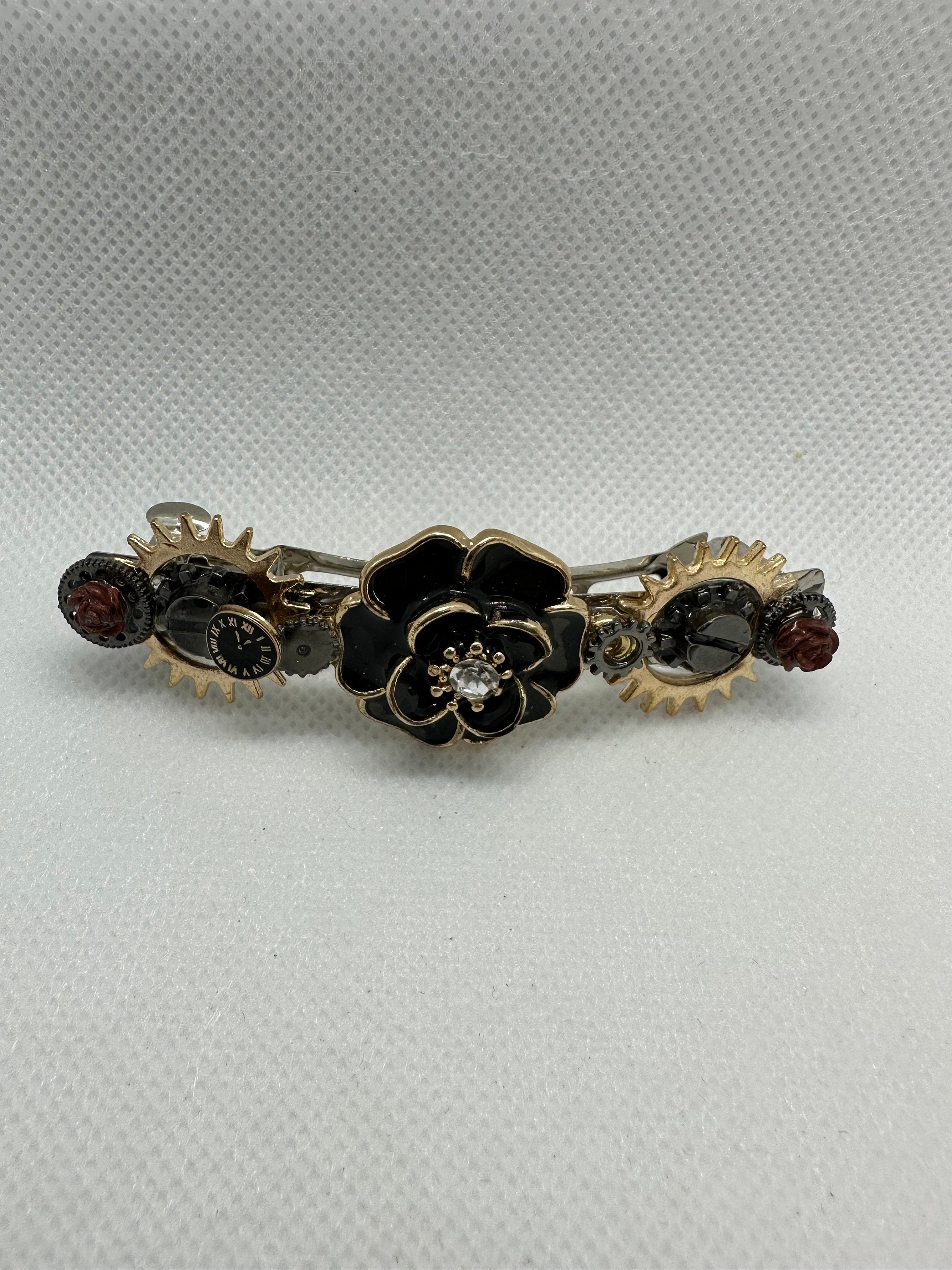 Black and Gold Steampunk Rose Metal Hair Clip