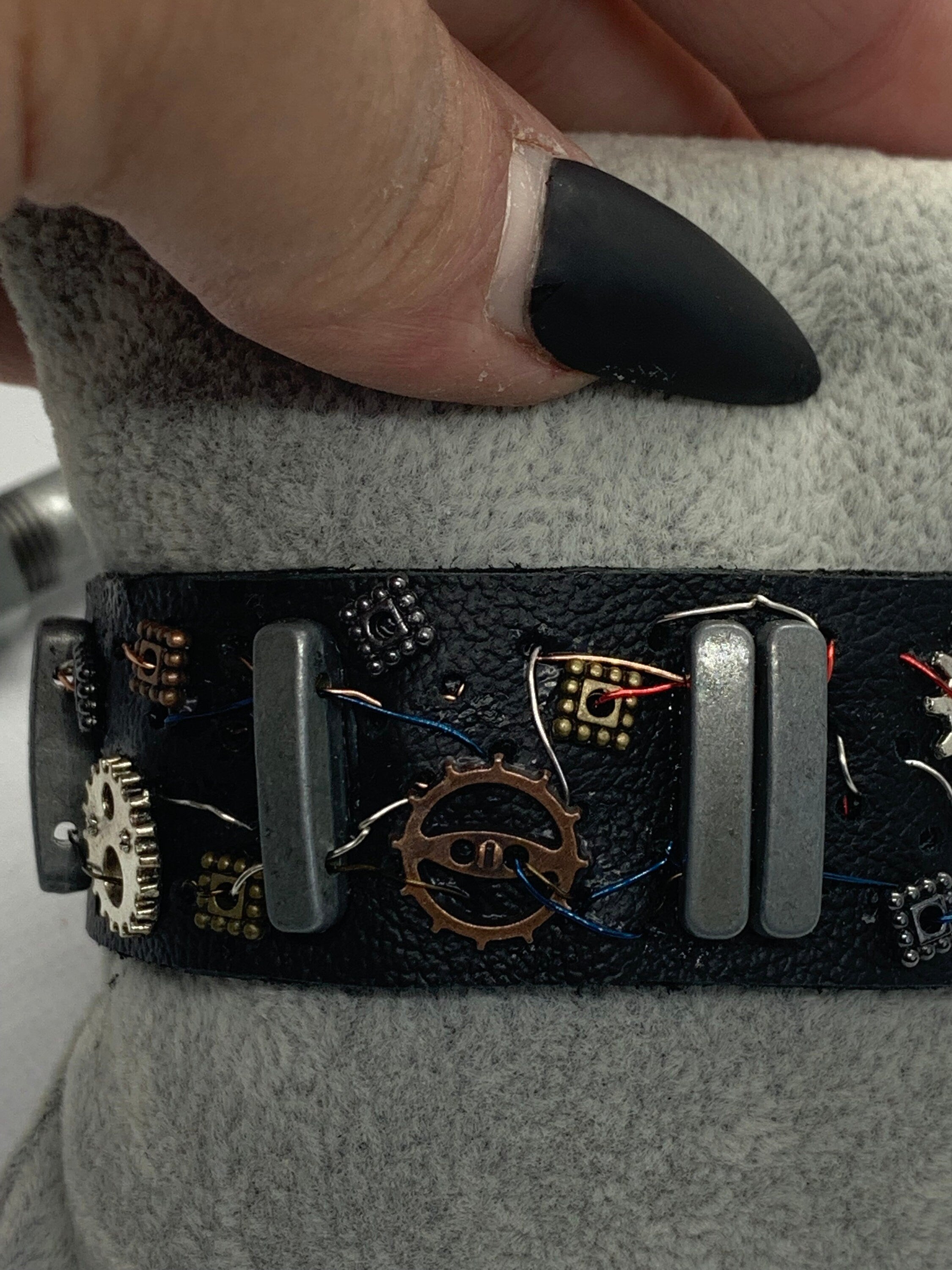 Black Leather Steampunk Electrical Theme Bracelet