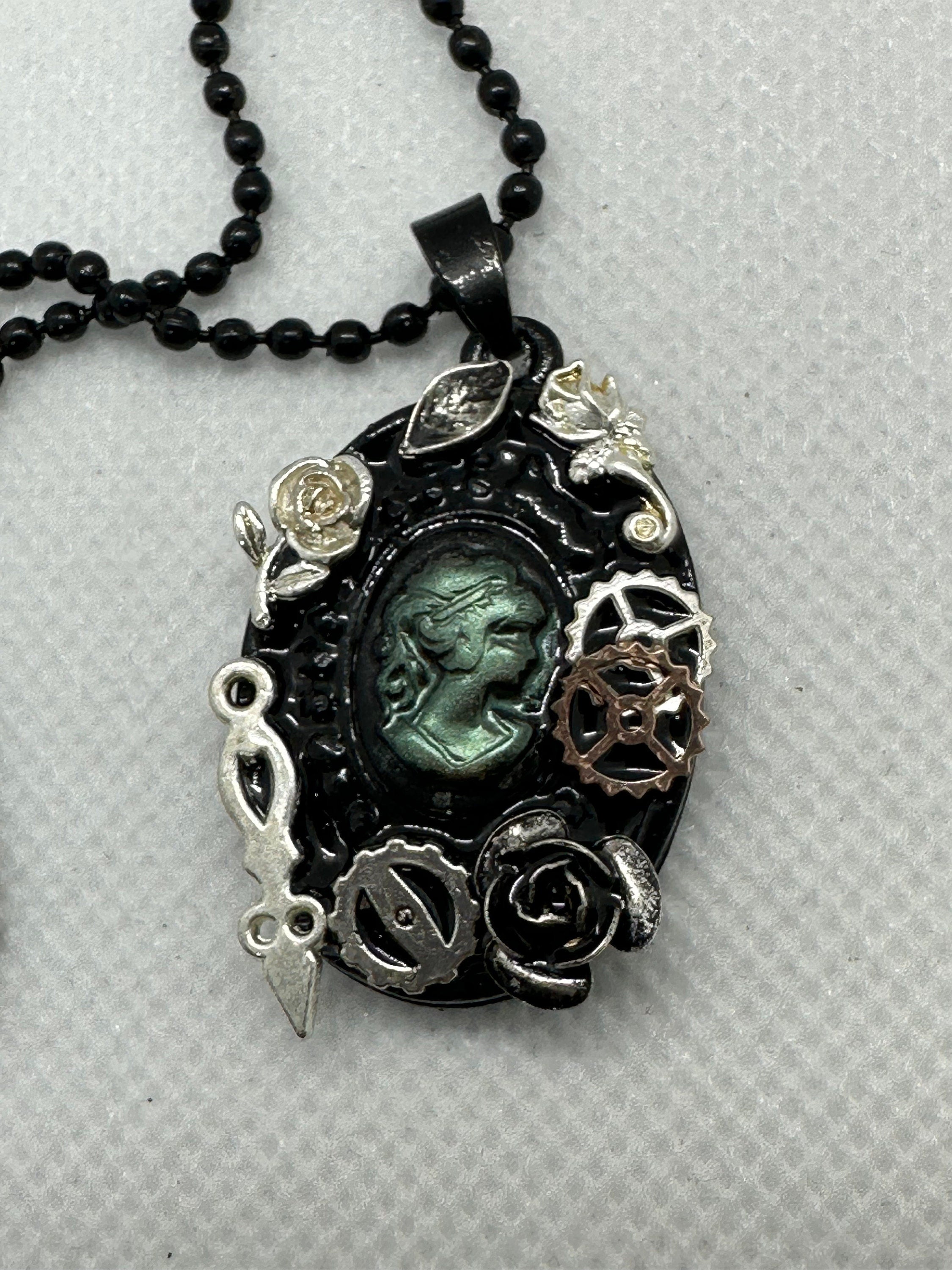 Steampunk Black and Green Lady Cameo