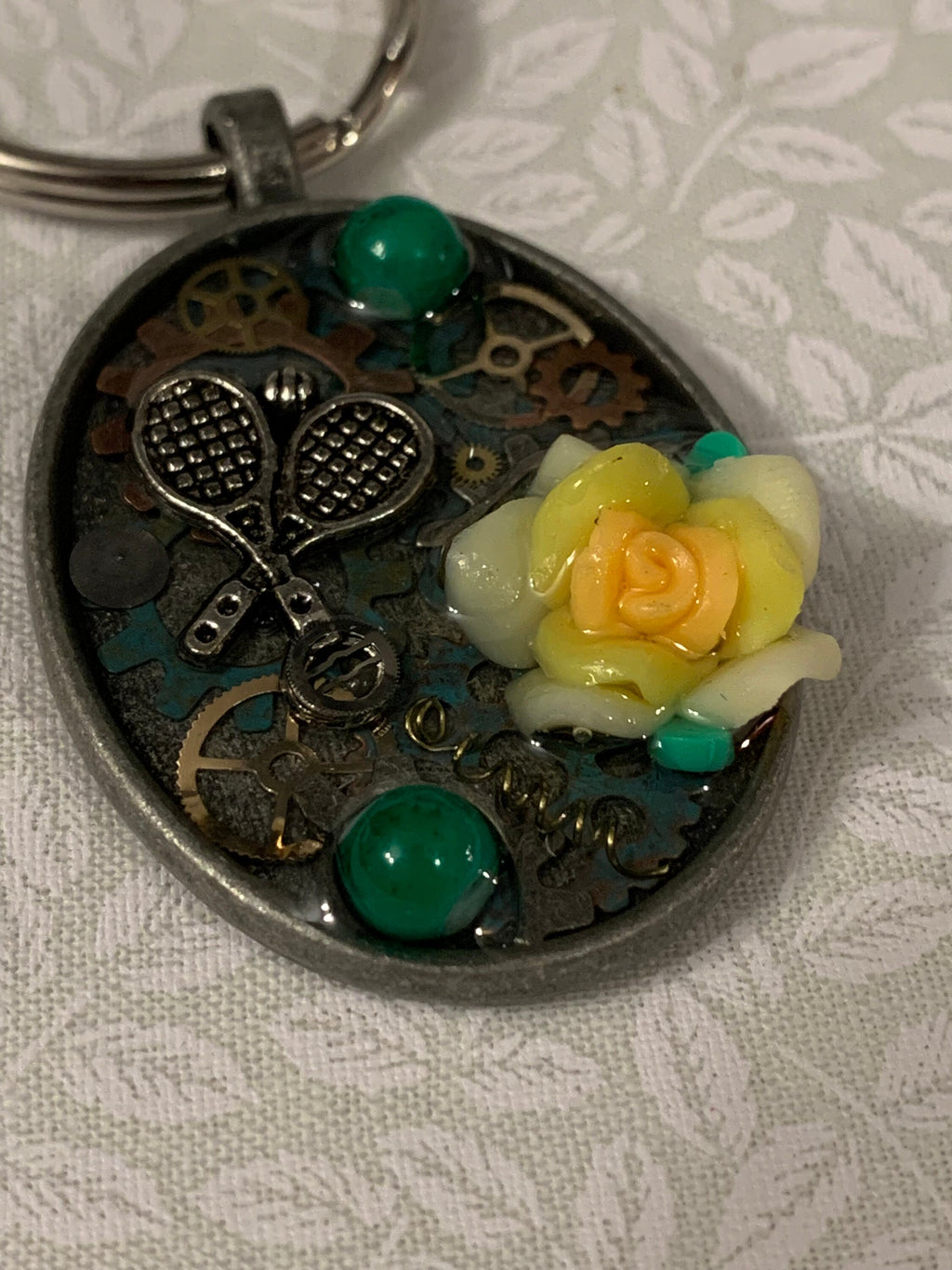 Steampunk Tennis Keychain Yellow Flower