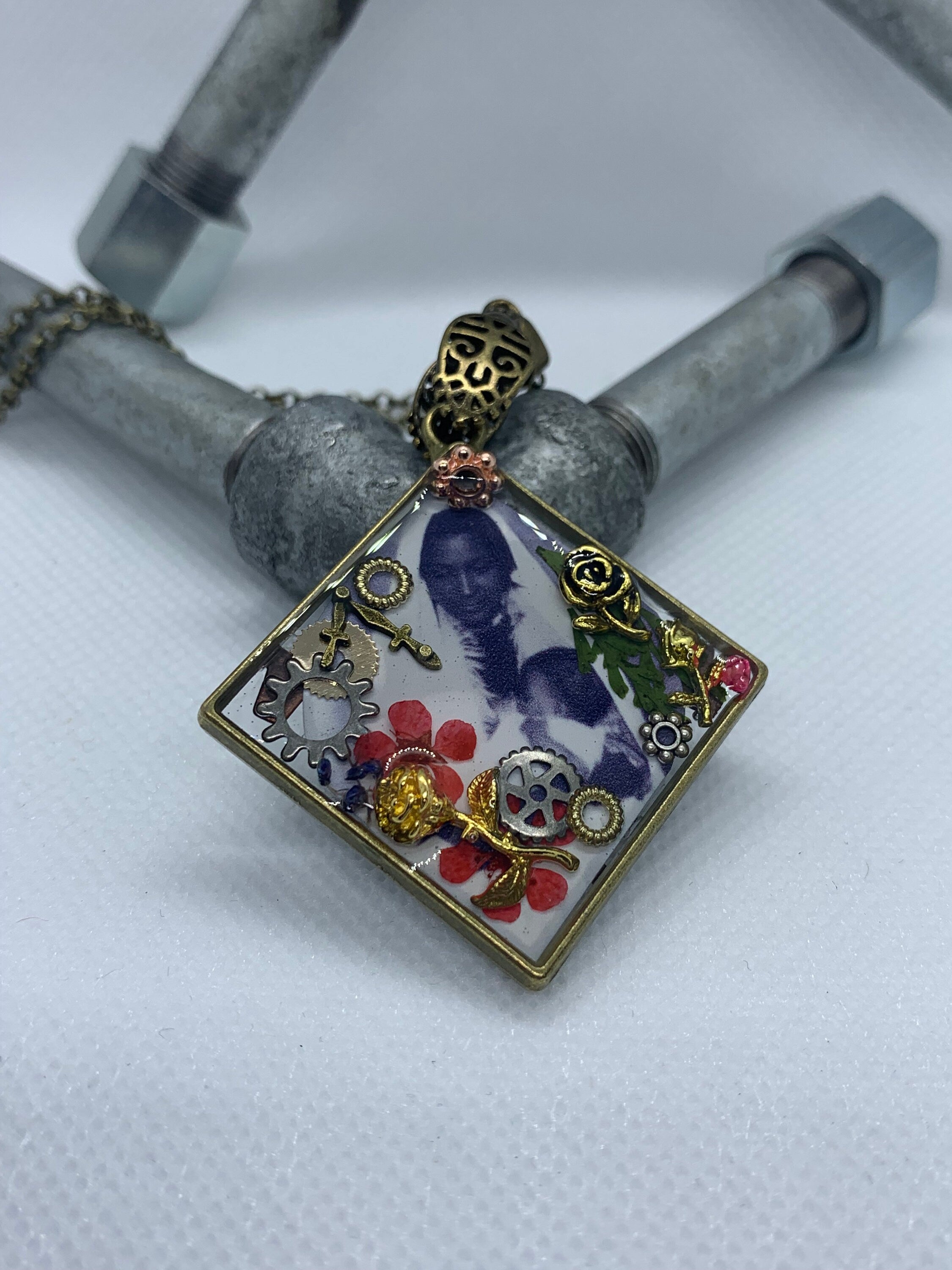 Antique Steampunk Women and child necklace