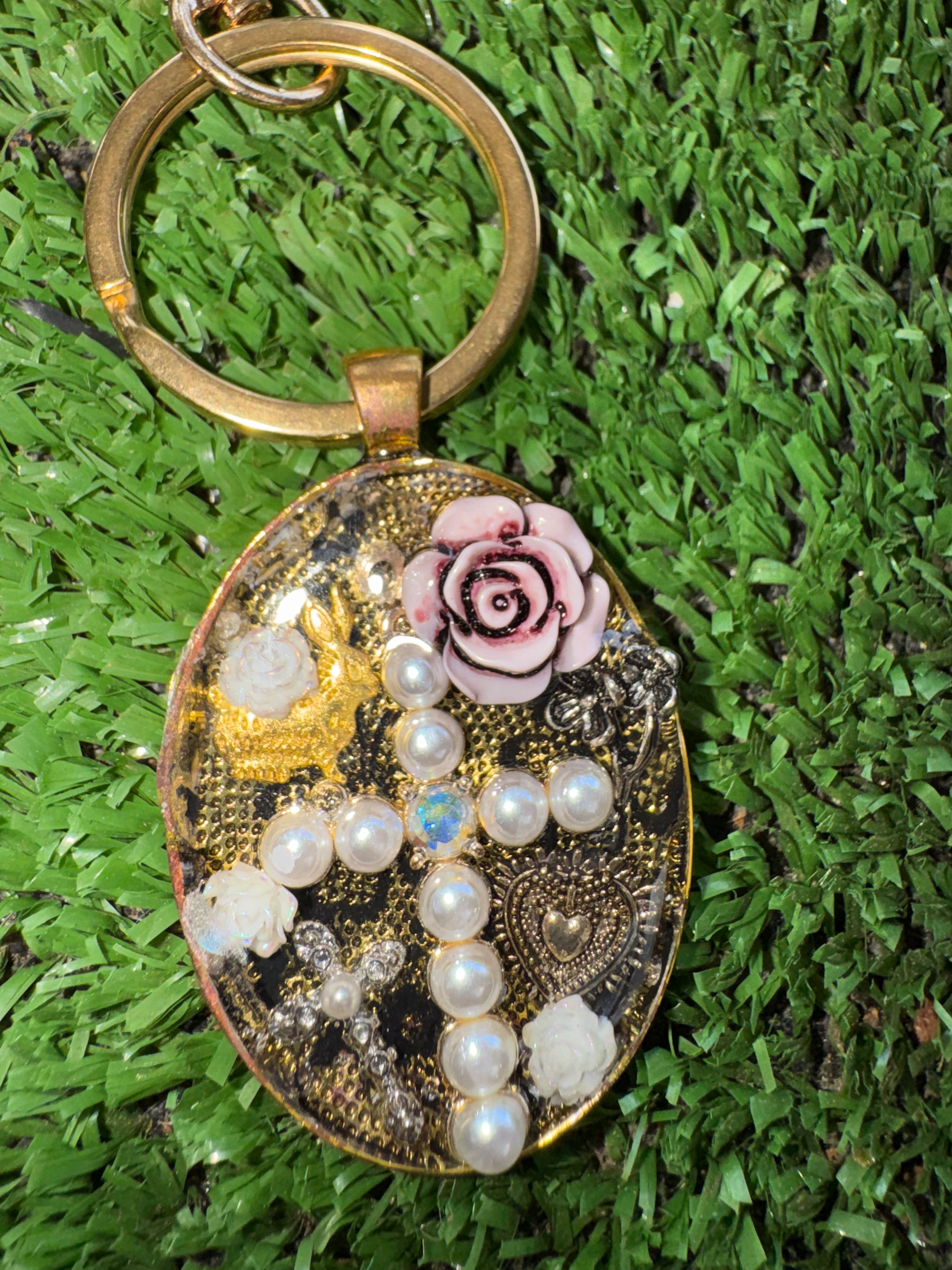 Oval Pearled Cross Keychain
