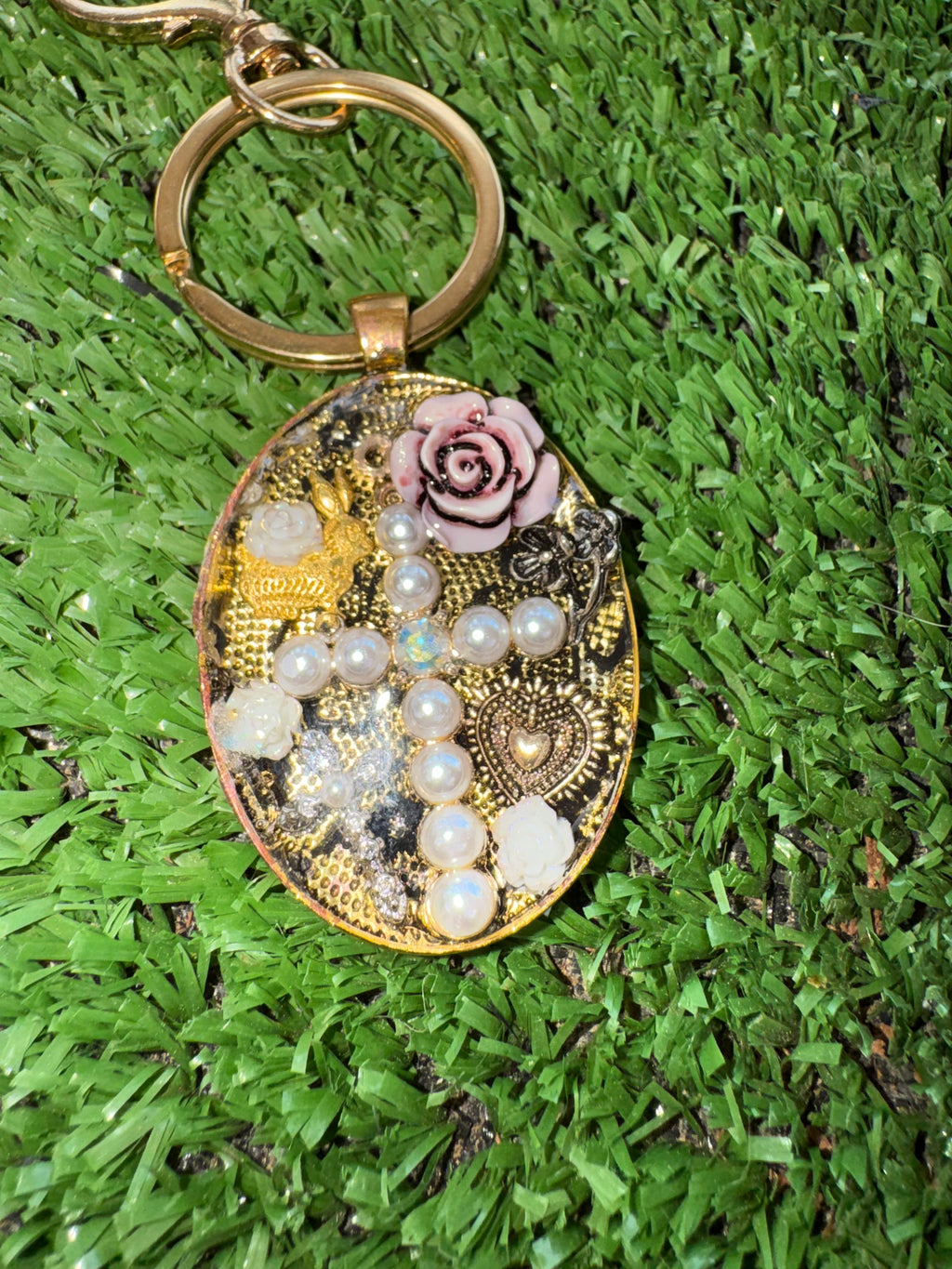 Oval Pearled Cross Keychain