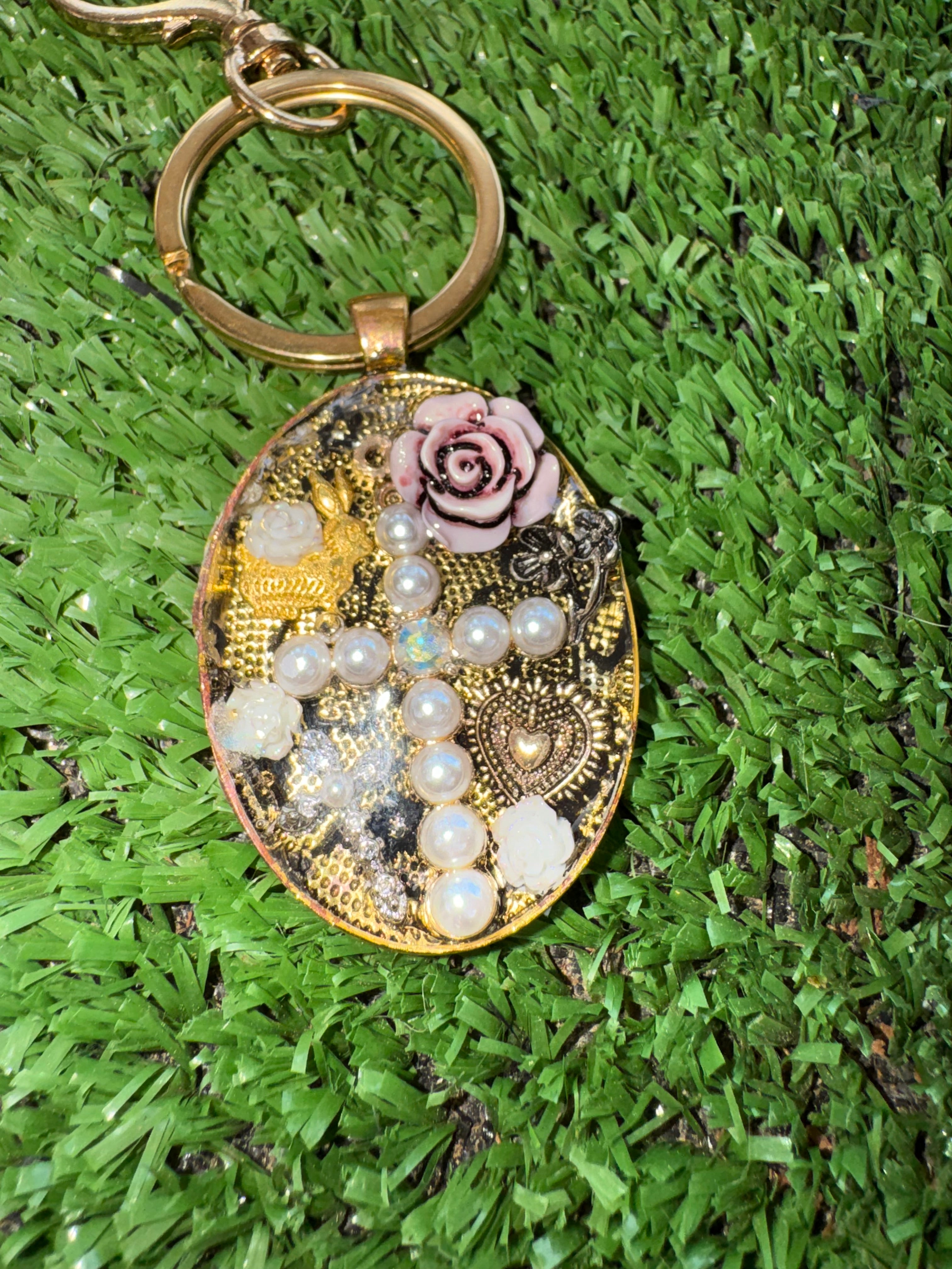 Oval Pearled Cross Keychain