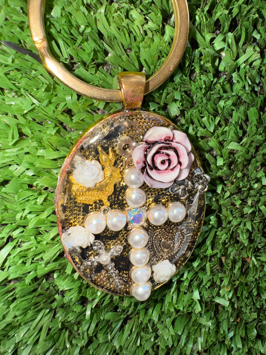 Oval Pearled Cross Keychain
