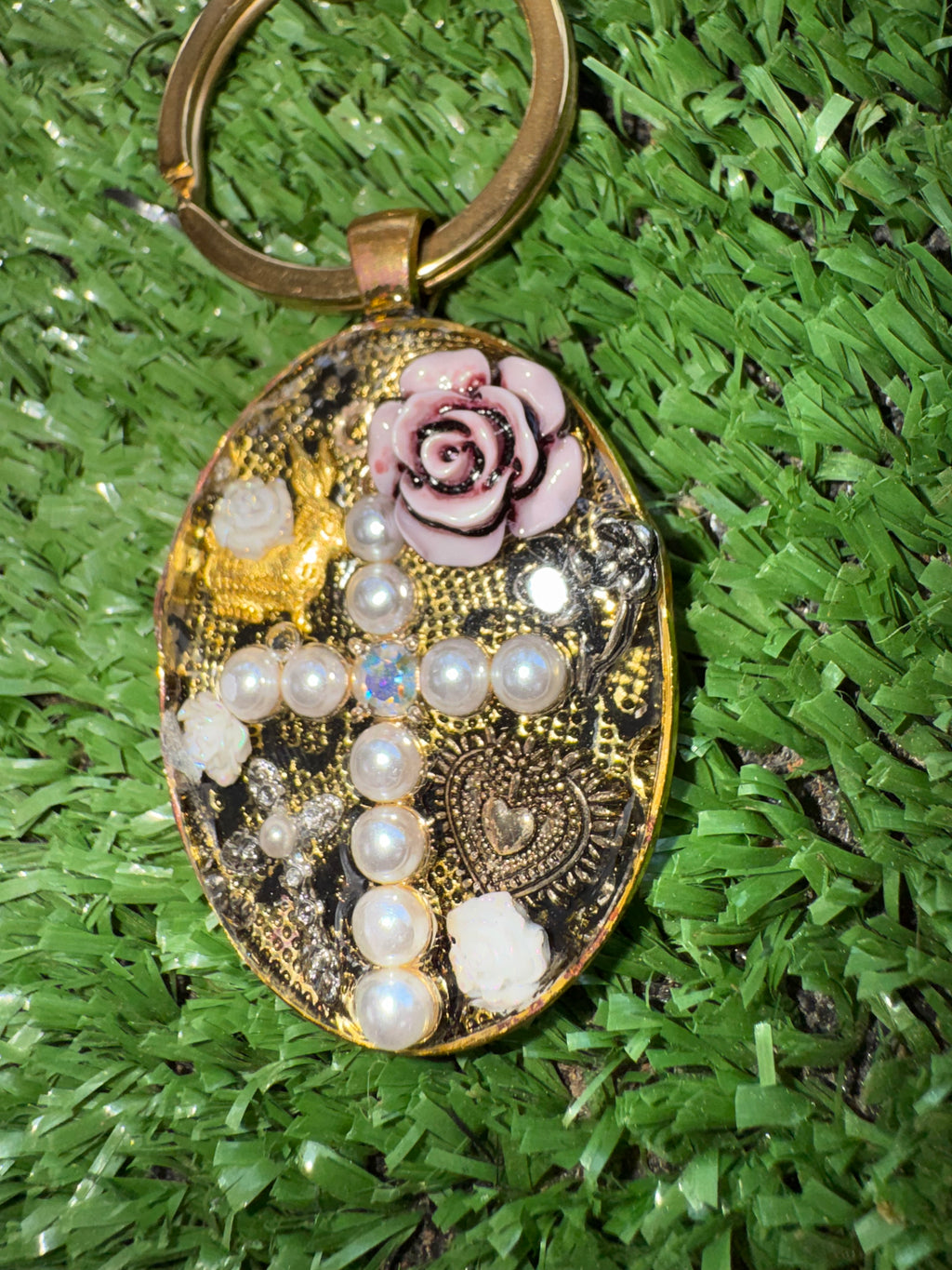 Oval Pearled Cross Keychain