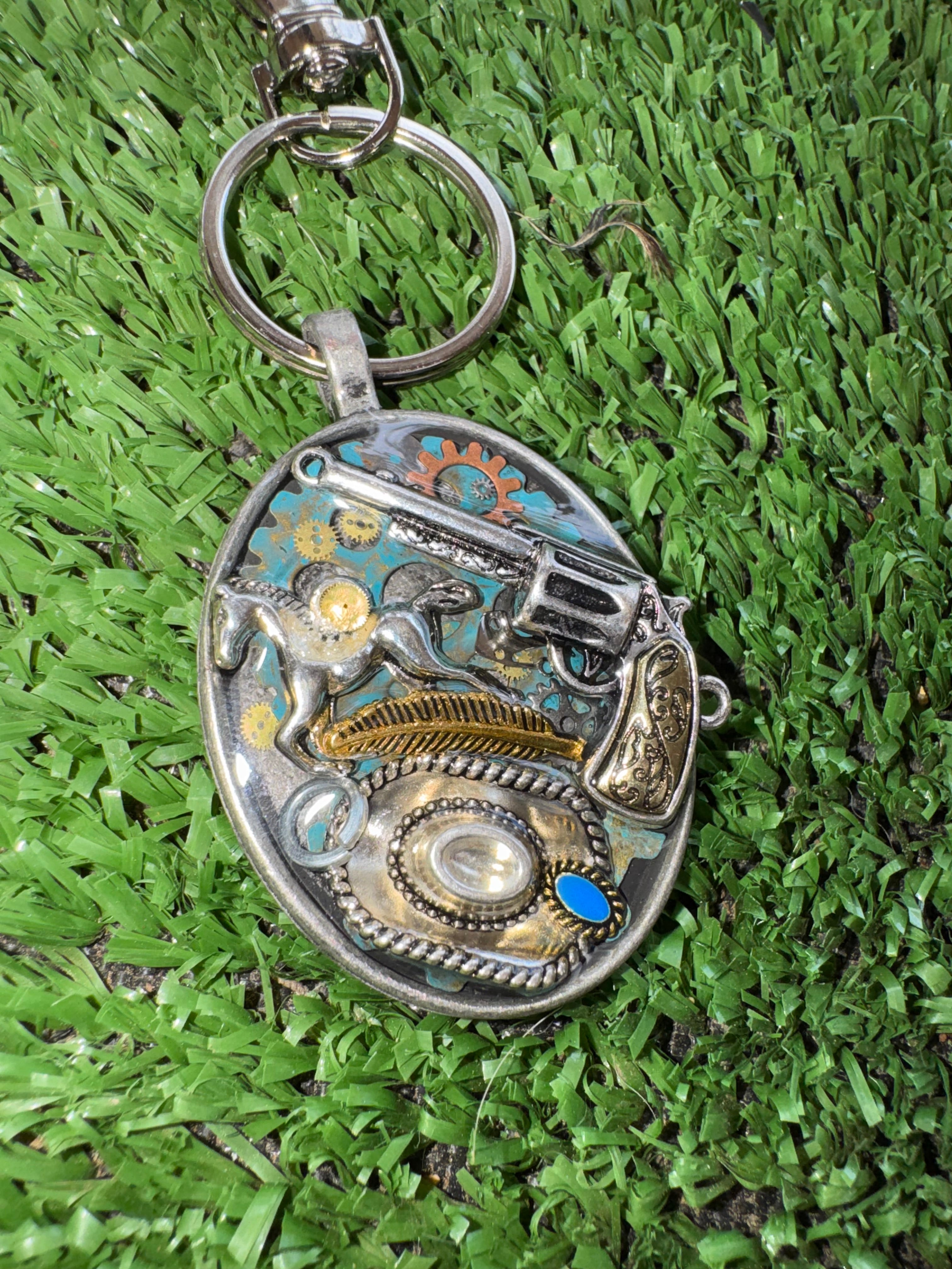 Western Cowboy Cowgirl Silver Keychain
