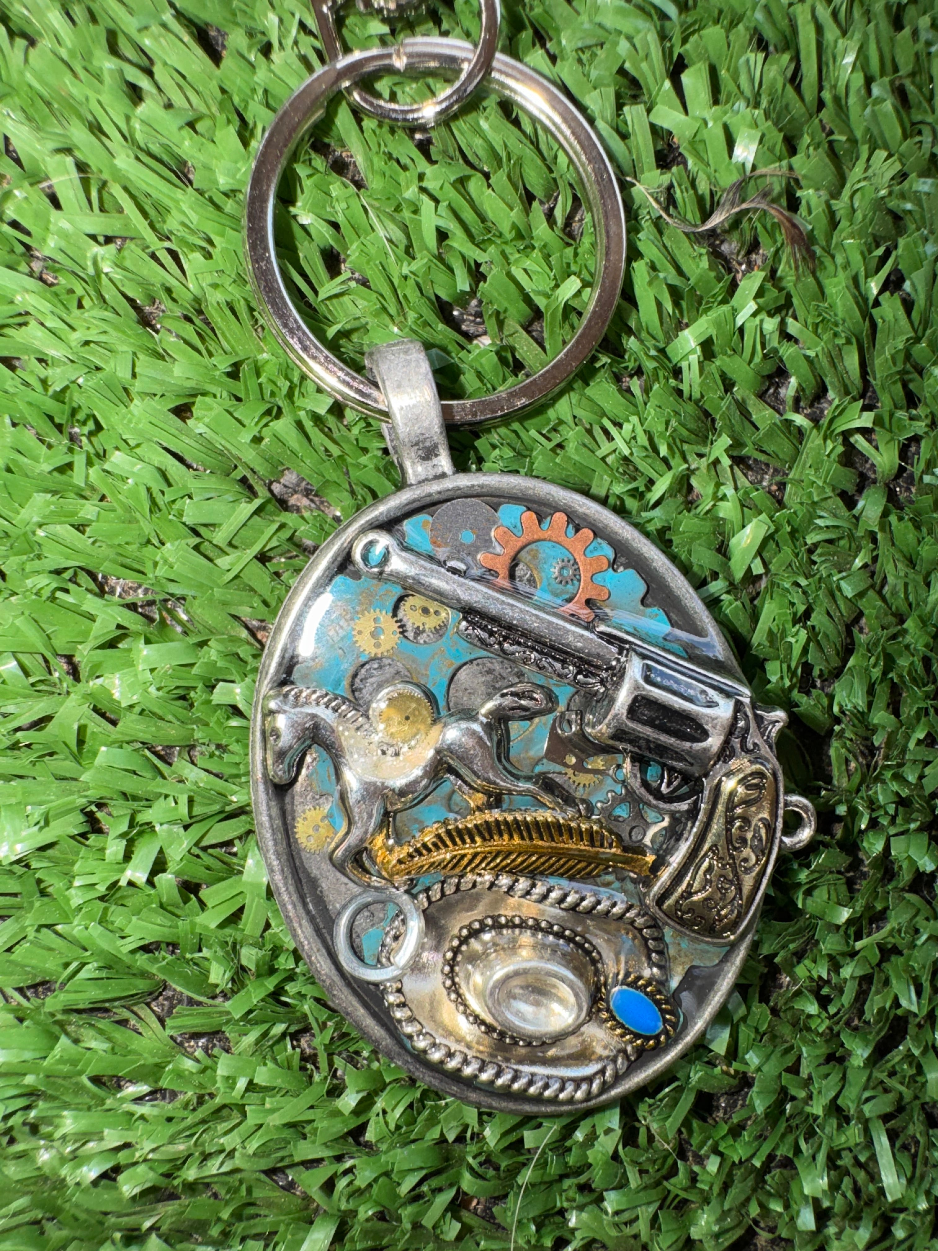 Western Cowboy Cowgirl Silver Keychain