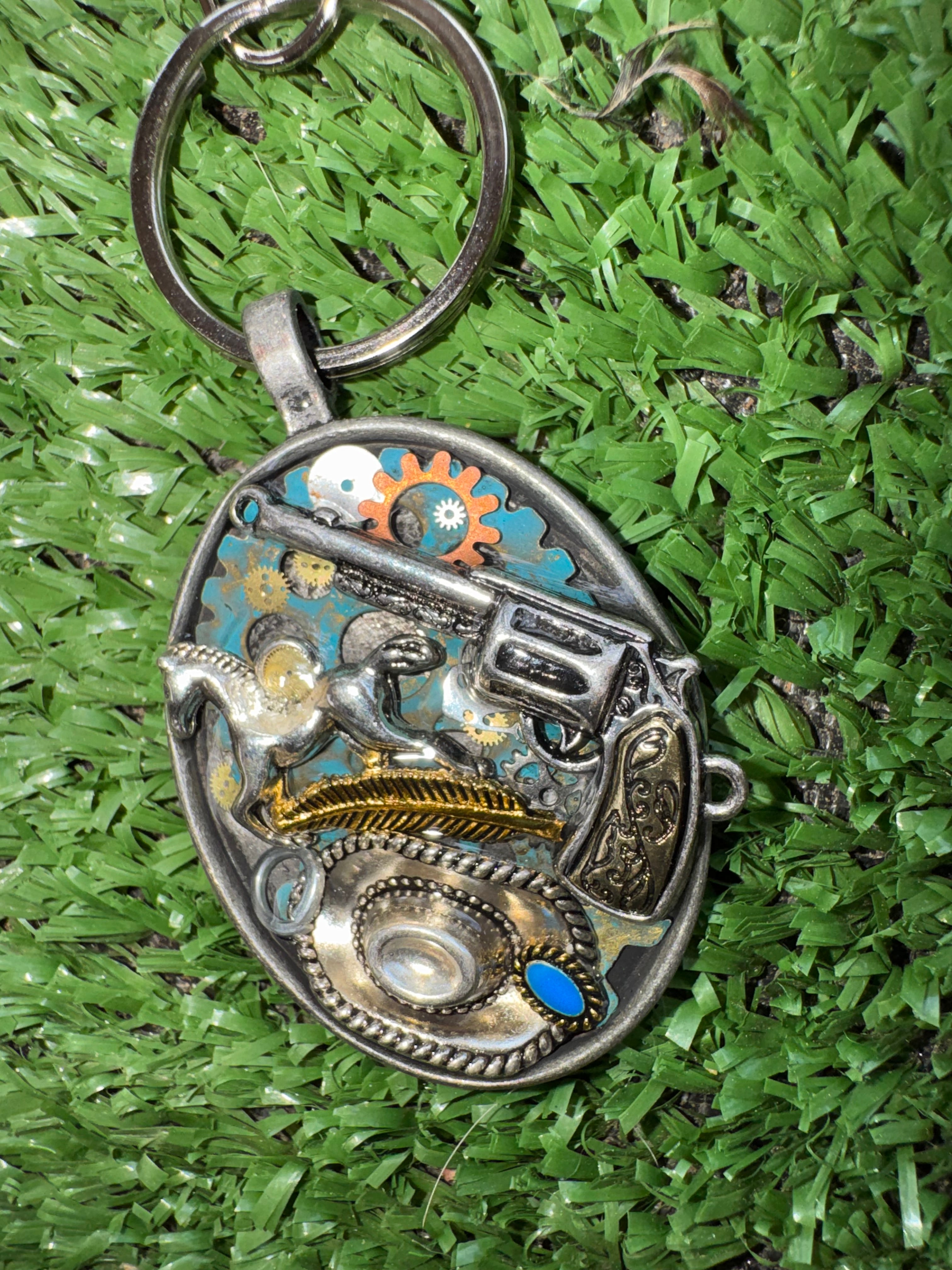 Western Cowboy Cowgirl Silver Keychain