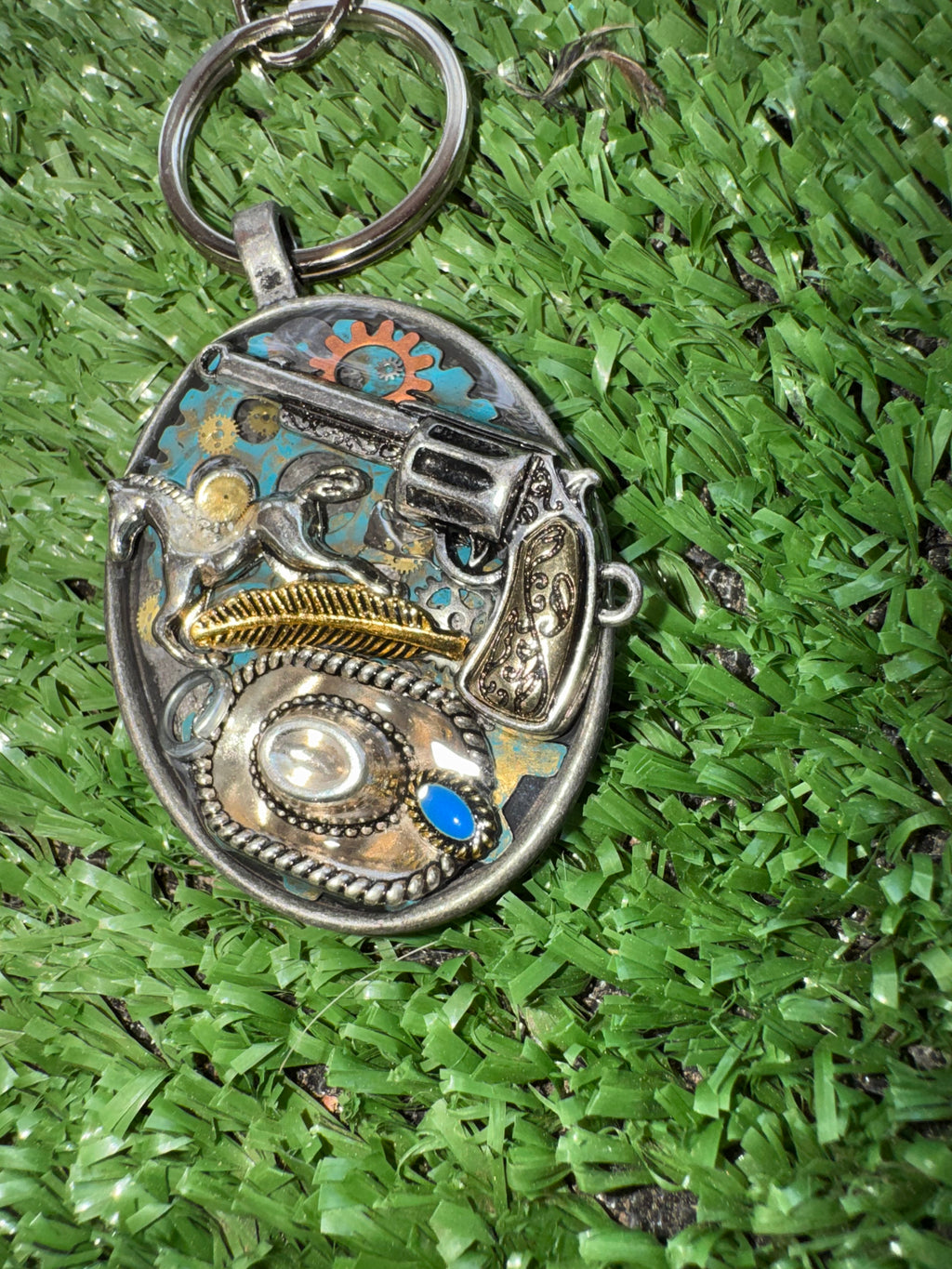 Western Cowboy Cowgirl Silver Keychain