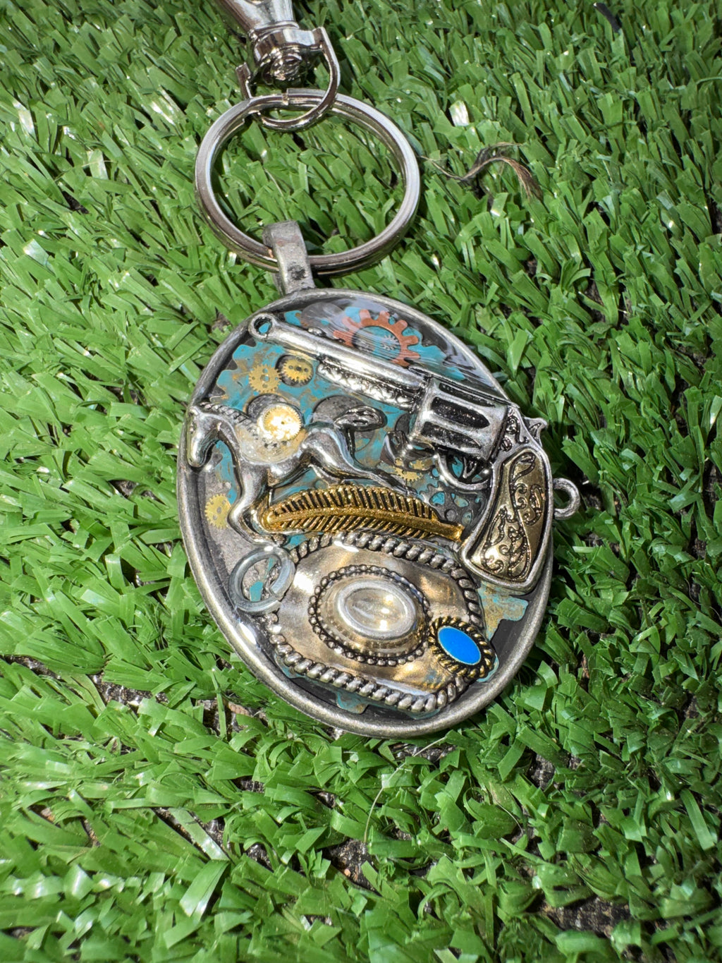 Western Cowboy Cowgirl Silver Keychain