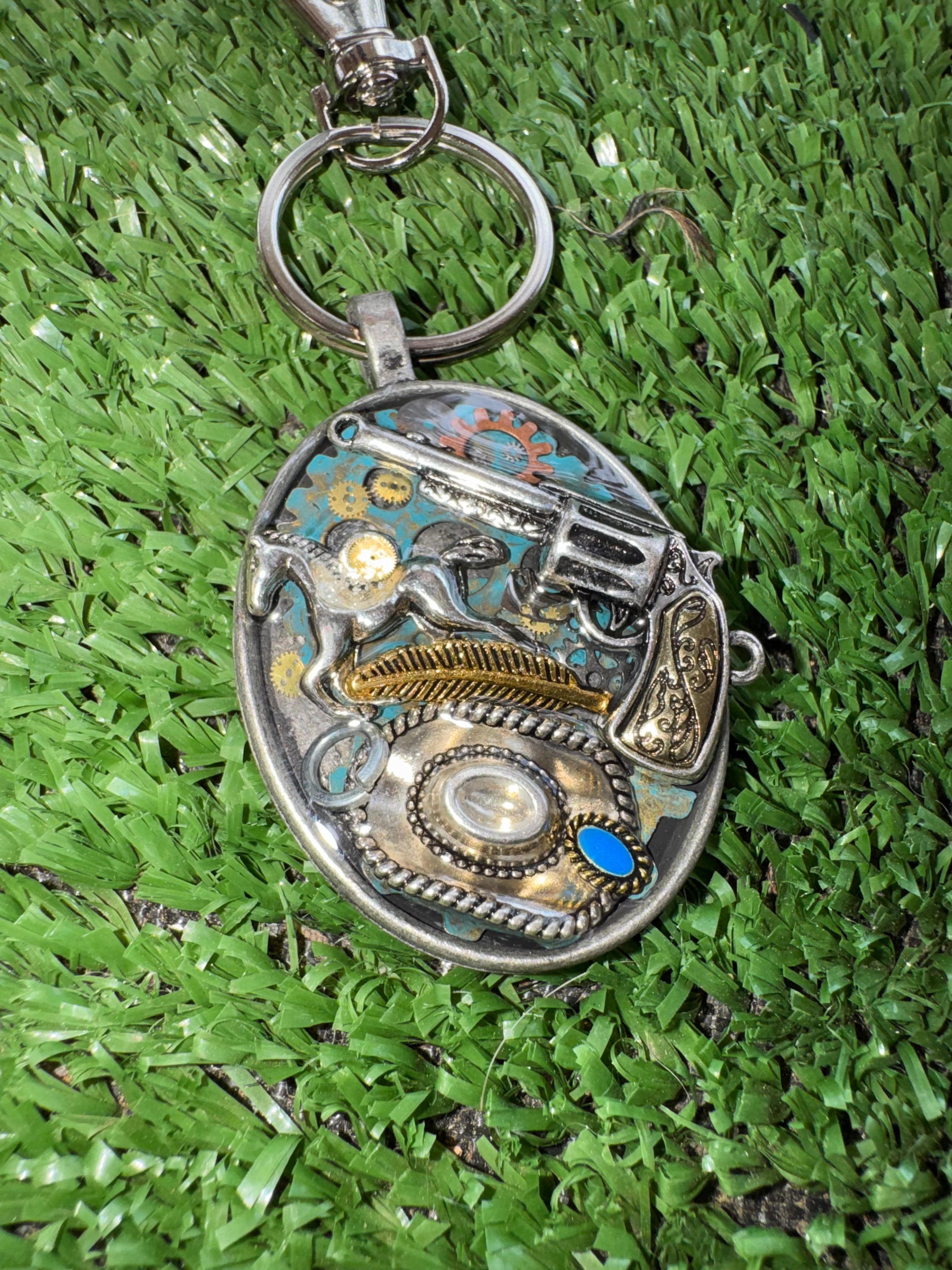 Western Cowboy Cowgirl Silver Keychain