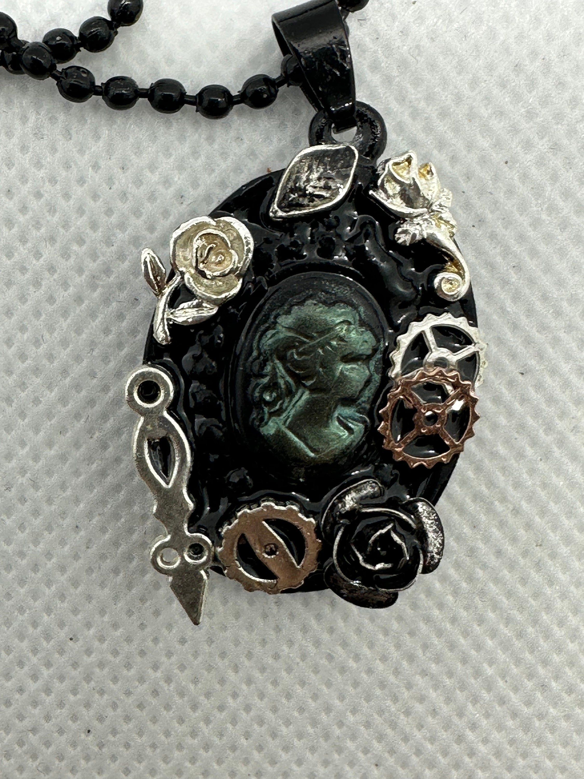 Steampunk Black and Green Lady Cameo