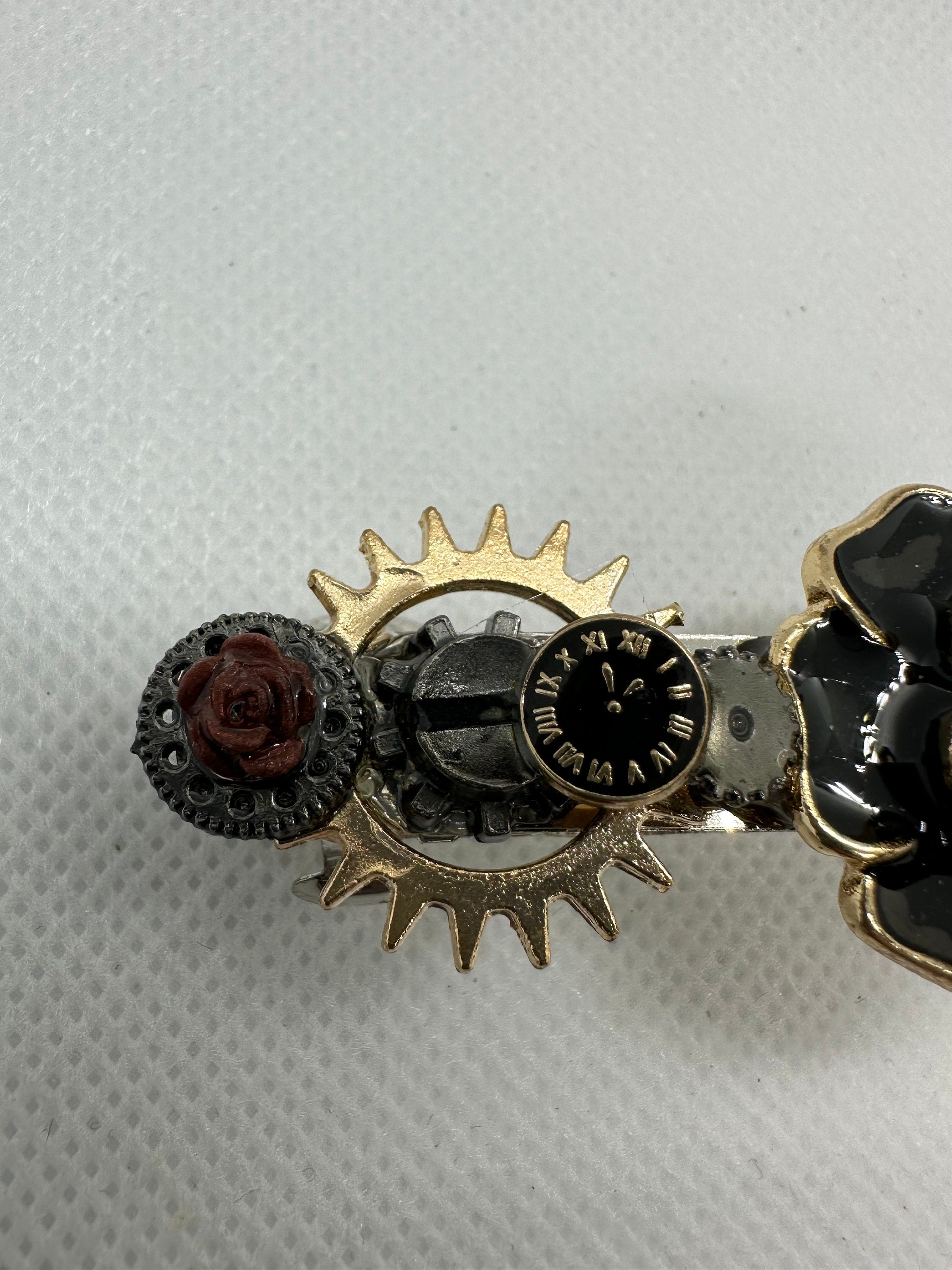 Black and Gold Steampunk Rose Metal Hair Clip