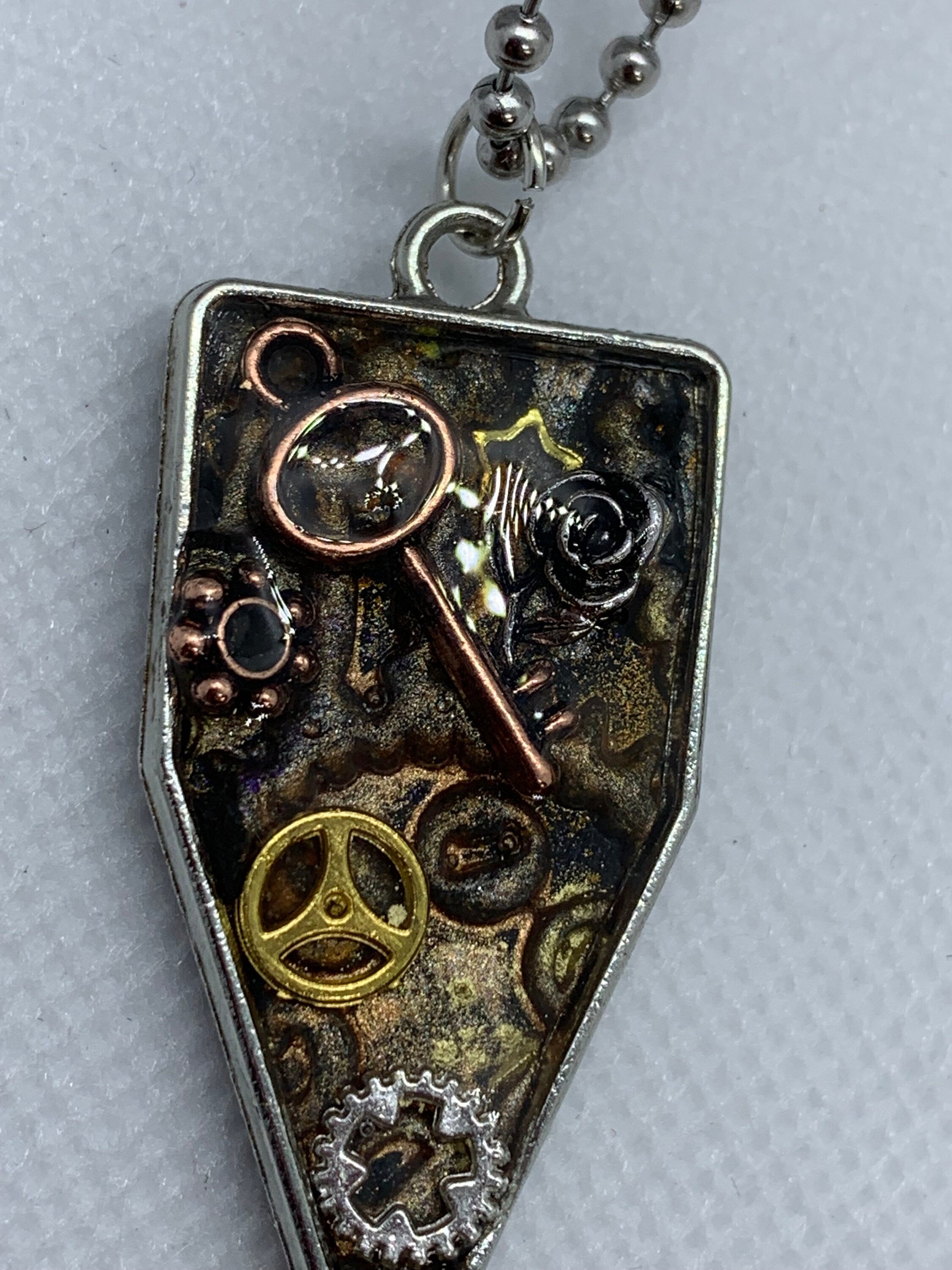 Steampunk Metal and Clay Necklace with Skeleton Key
