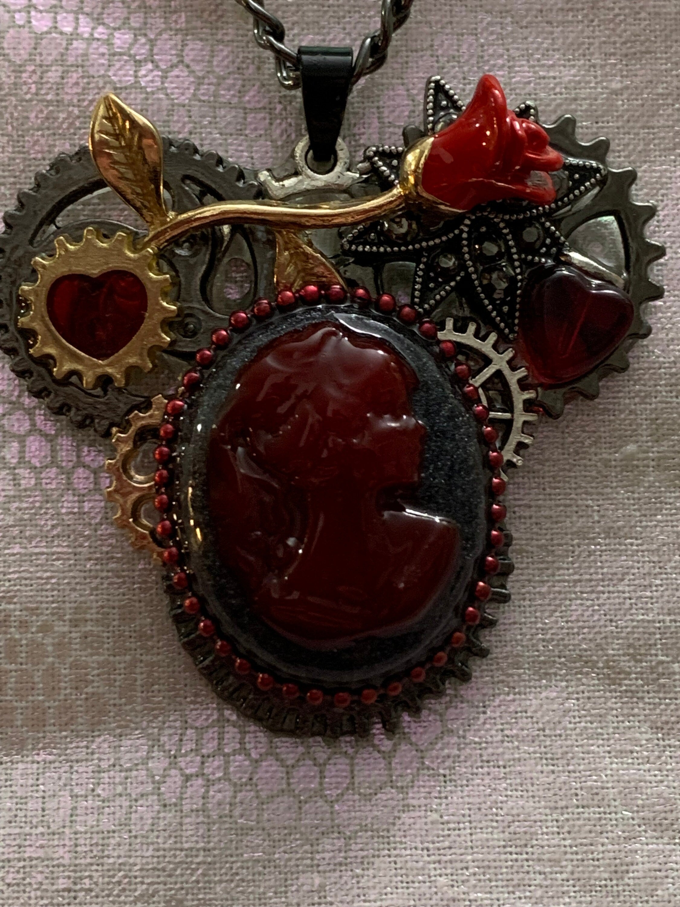 Lady Cameo Steampunk necklace Red and Black
