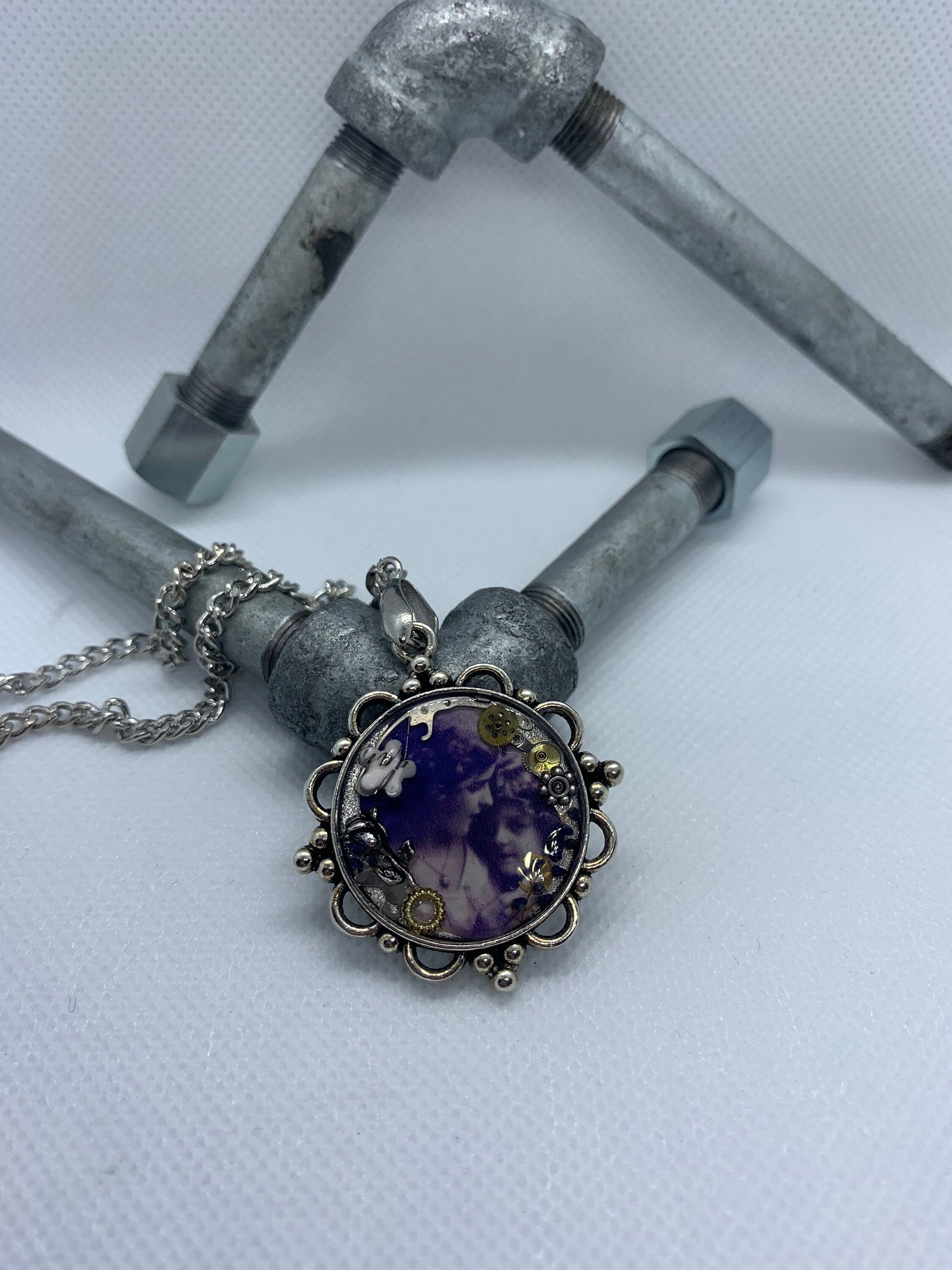 Round Silver Women and child Antique Steampunk Necklace