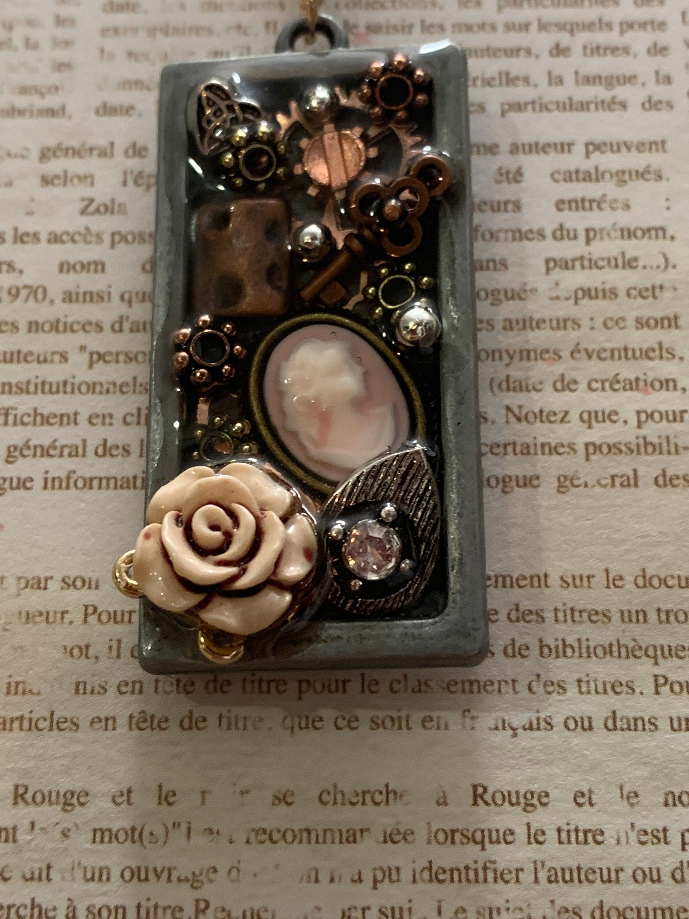 Steampunk Lady cameo rectangle necklace