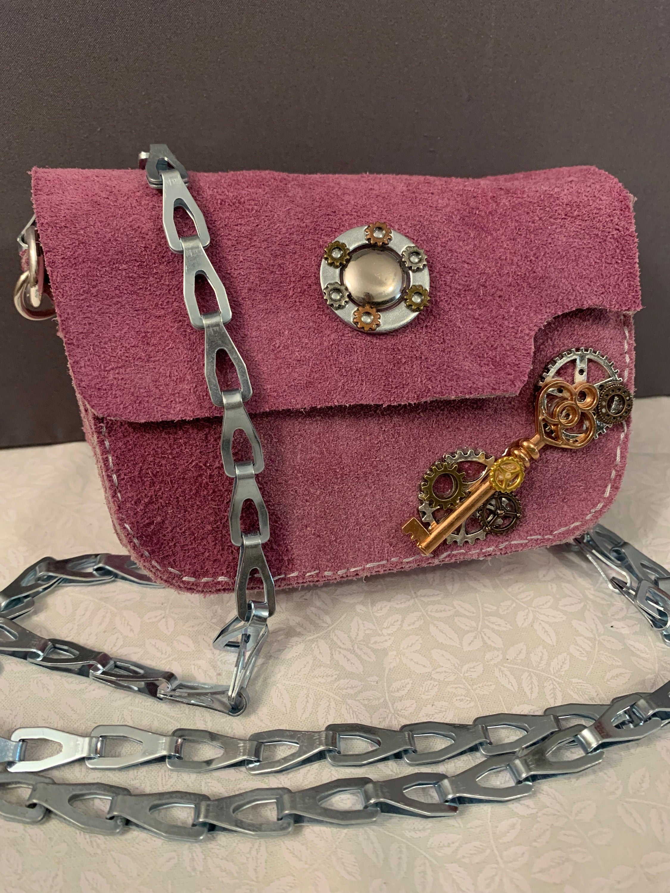 Steampunk Lavender Suede crossbody purse