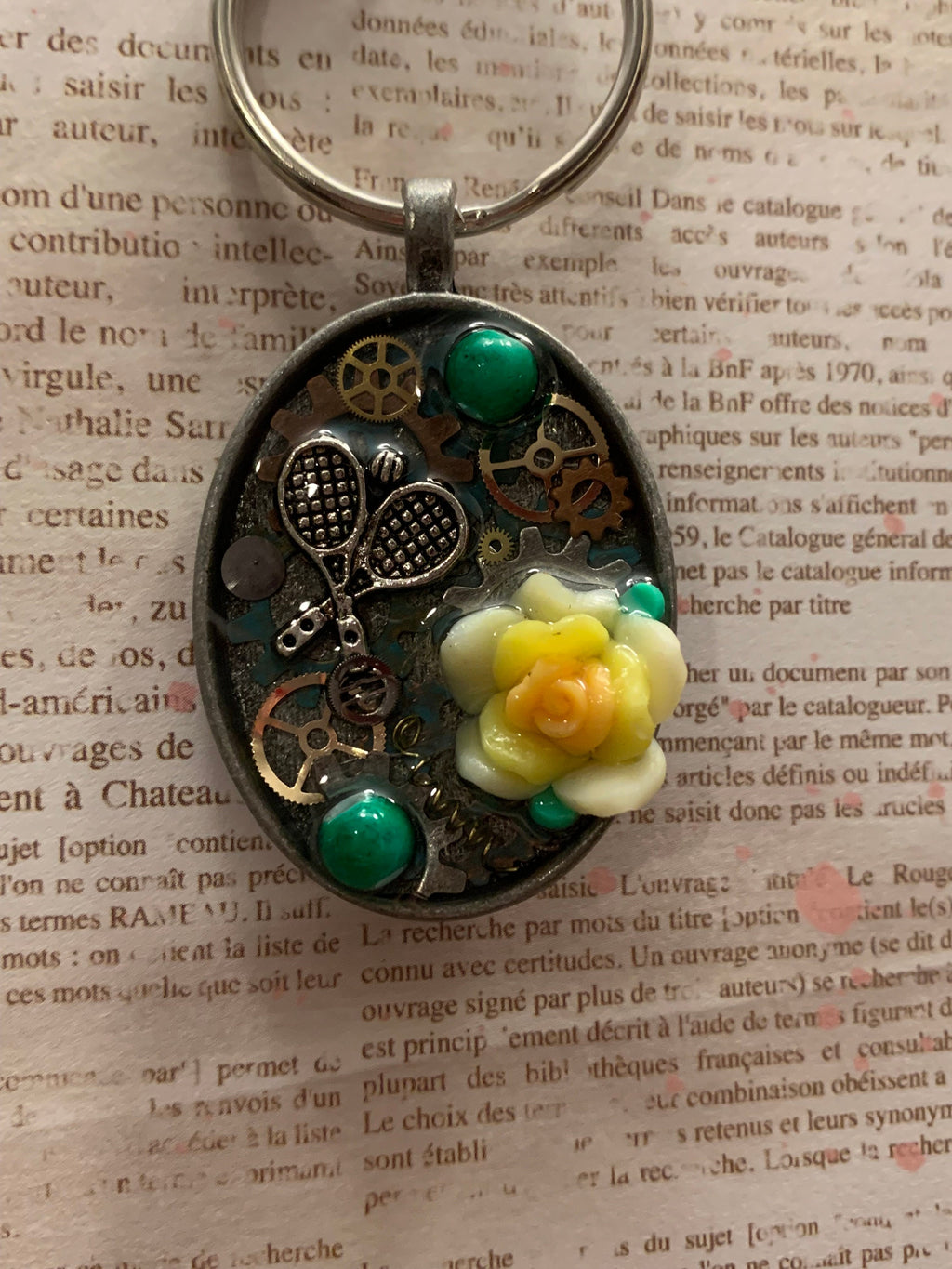 Steampunk Tennis Keychain Yellow Flower