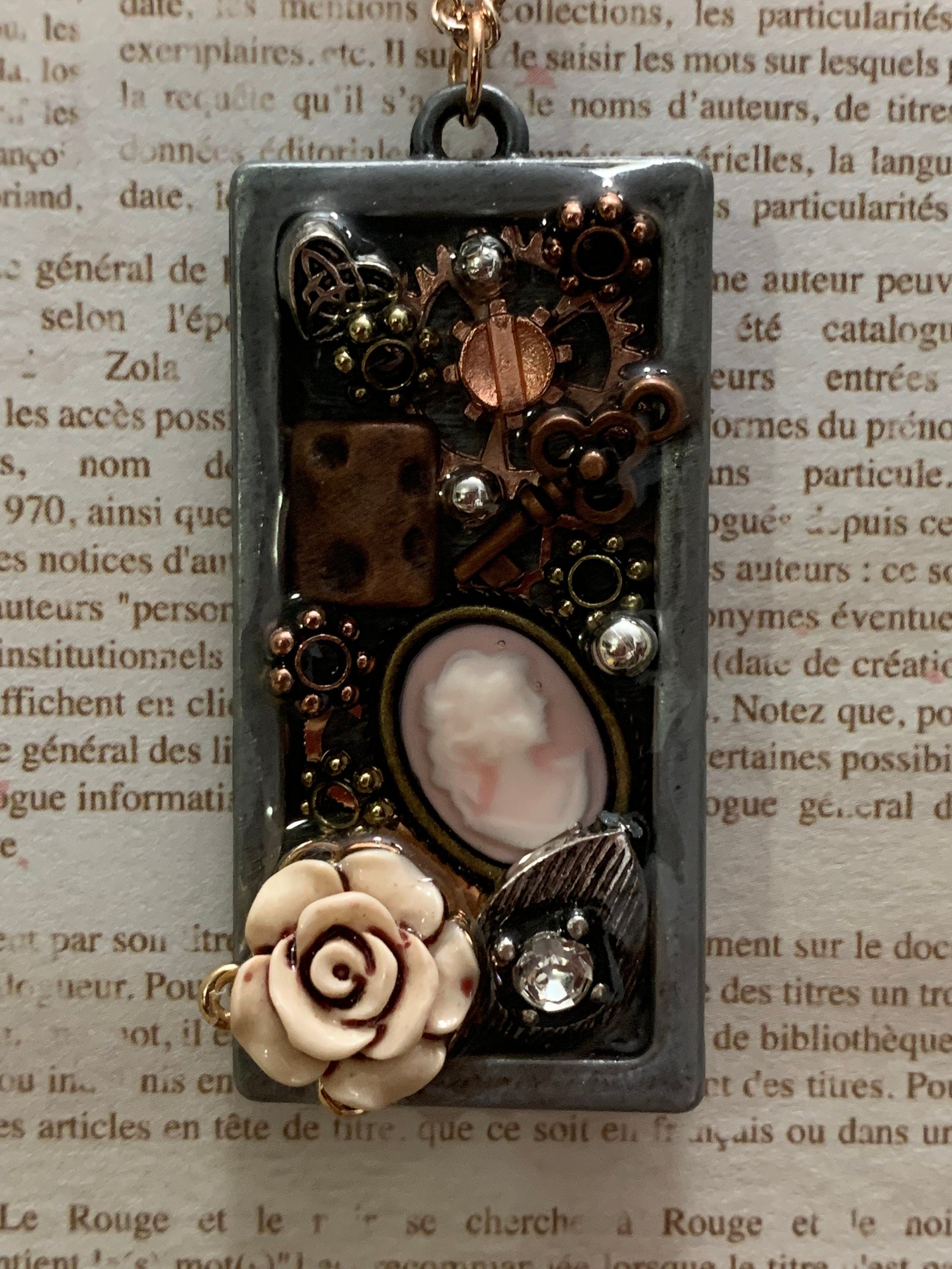 Steampunk Lady cameo rectangle necklace