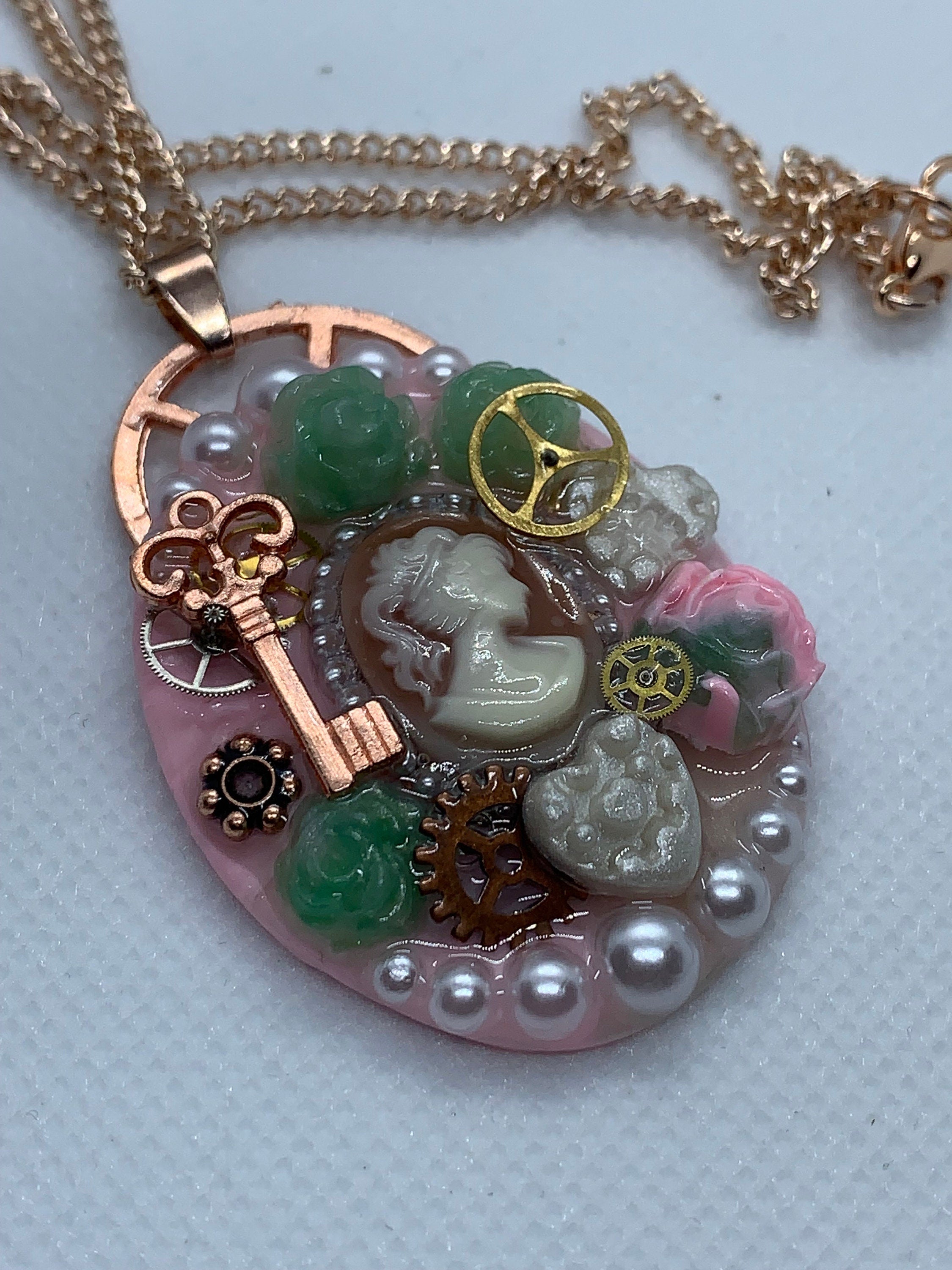 Oval Lady Cameo Steampunk Rose Pendant