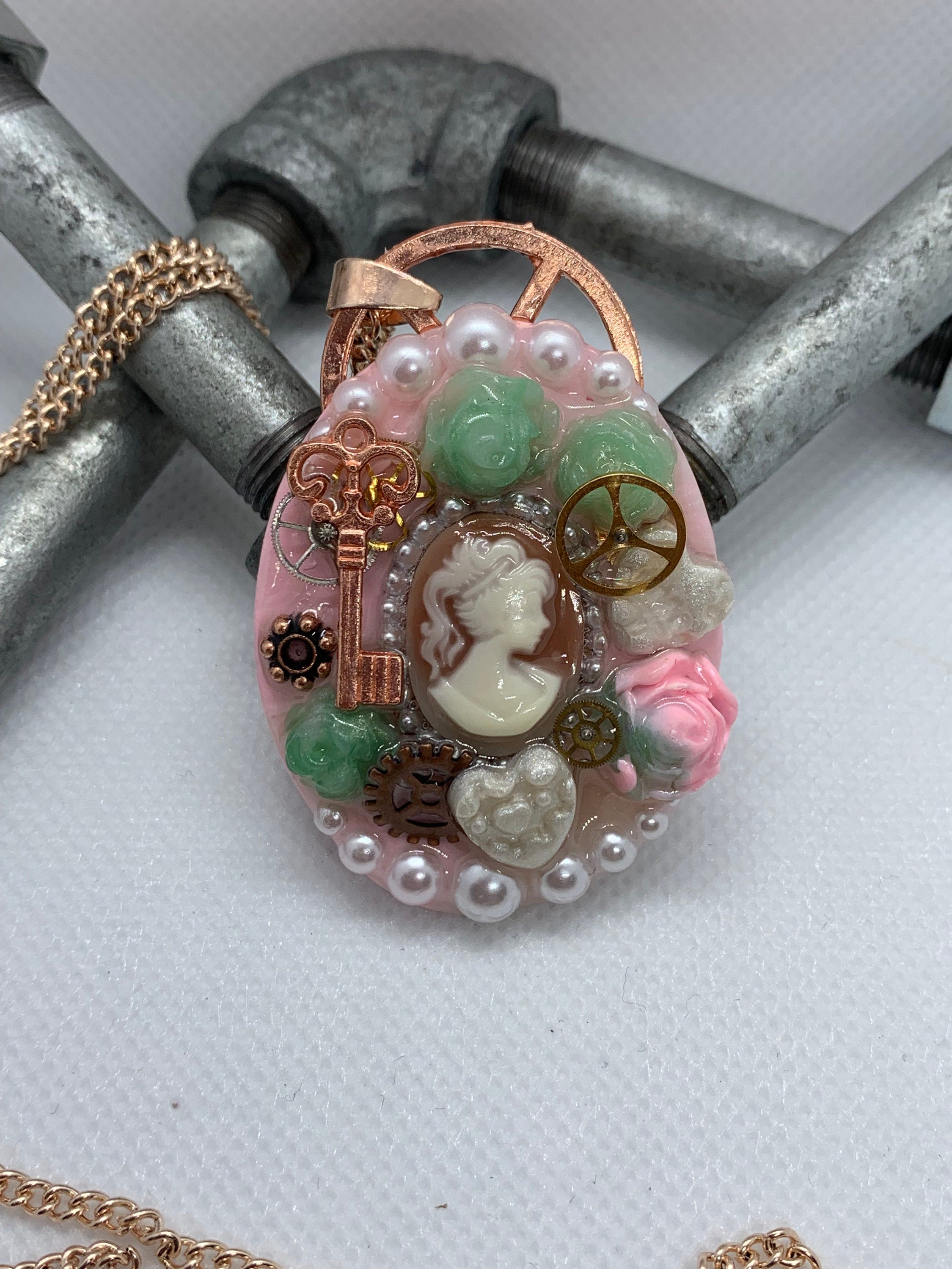 Oval Lady Cameo Steampunk Rose Pendant