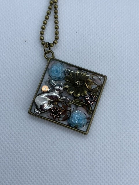 Easter Rabbit Blue roses Steampunk Necklace