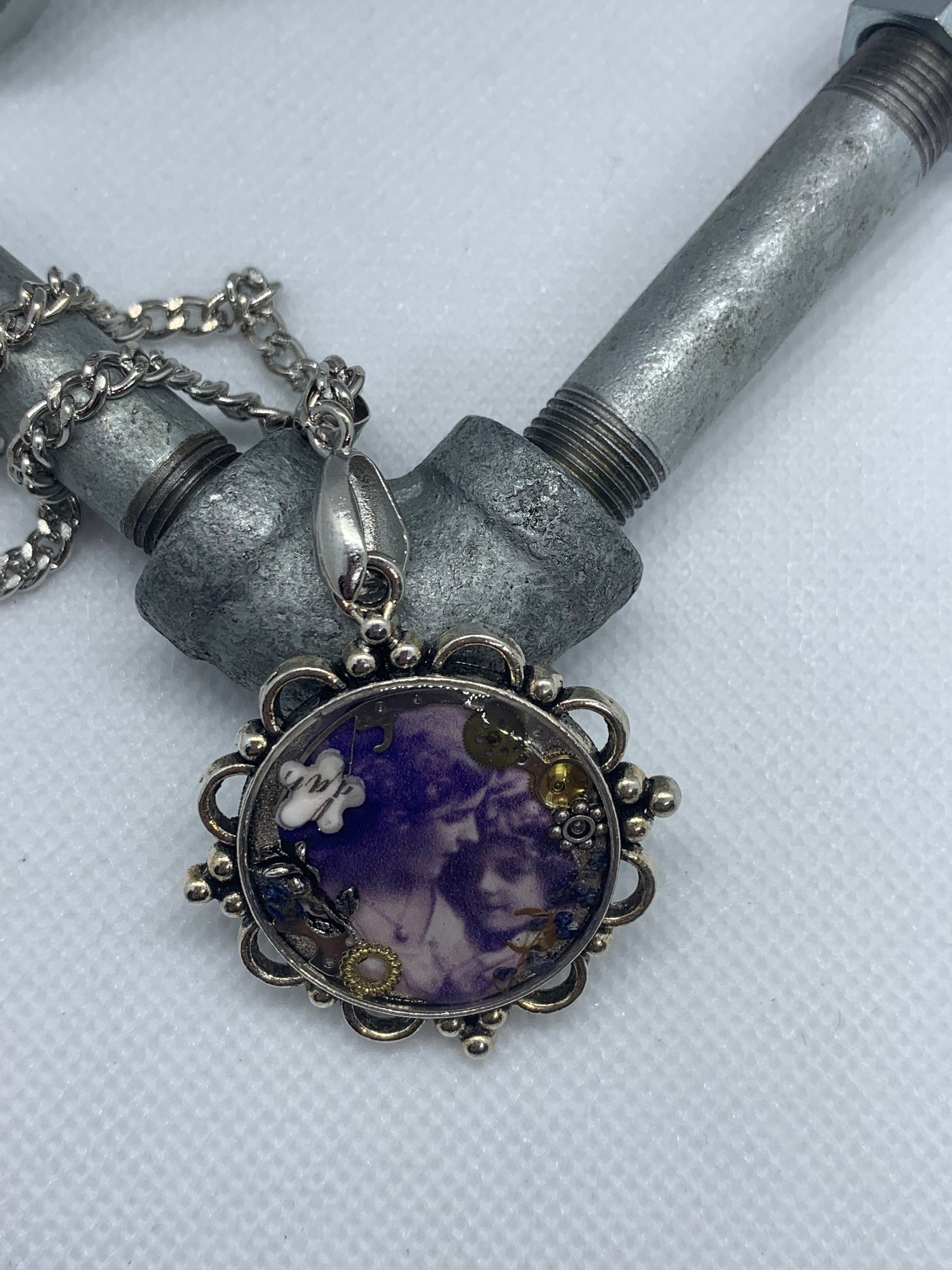 Round Silver Women and child Antique Steampunk Necklace