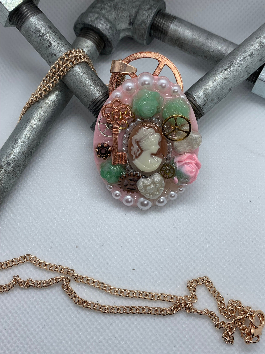 Oval Lady Cameo Steampunk Rose Pendant