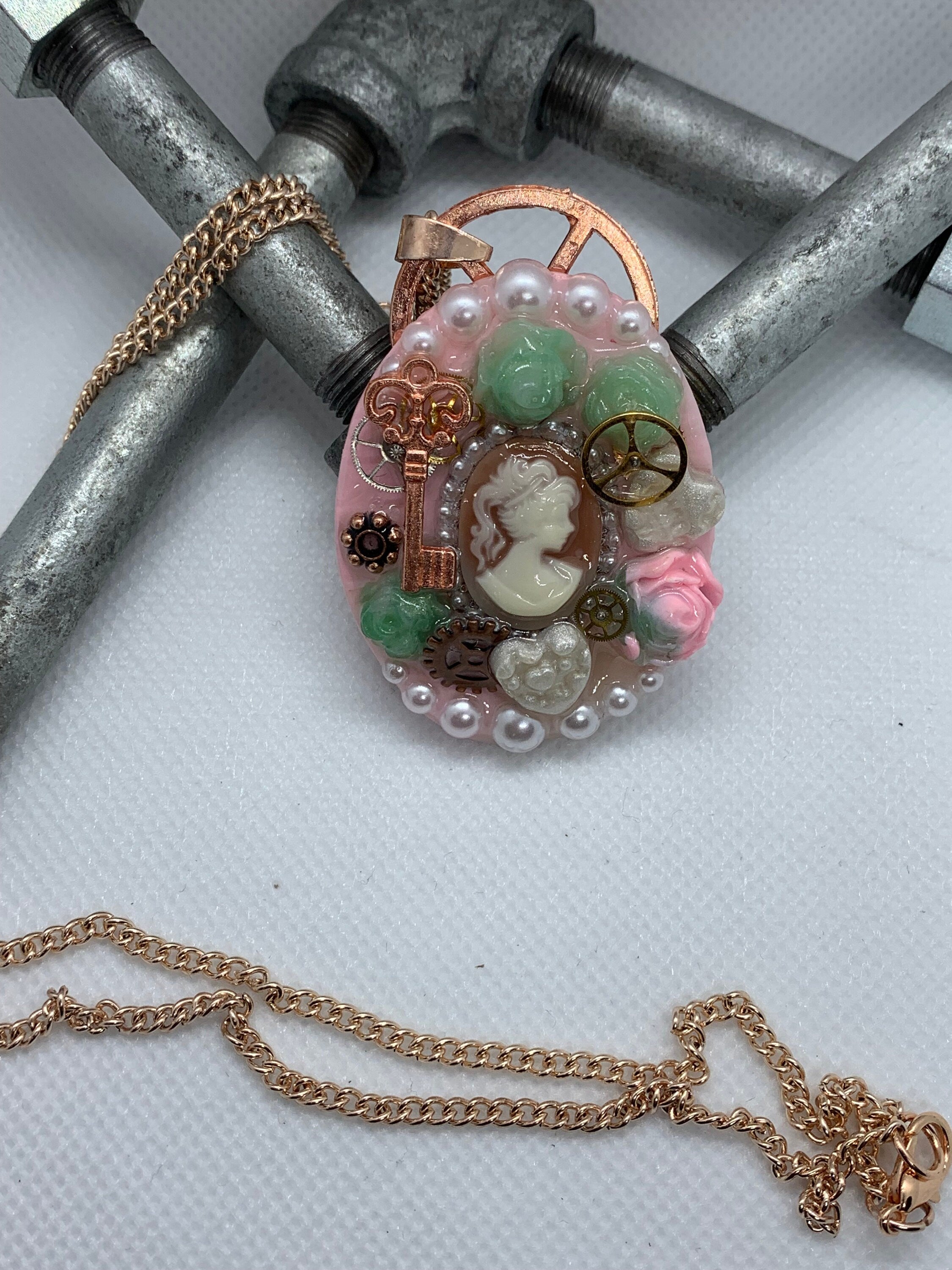 Oval Lady Cameo Steampunk Rose Pendant