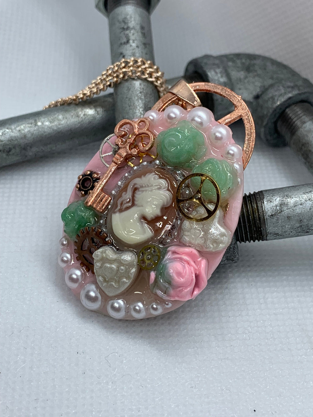 Oval Lady Cameo Steampunk Rose Pendant