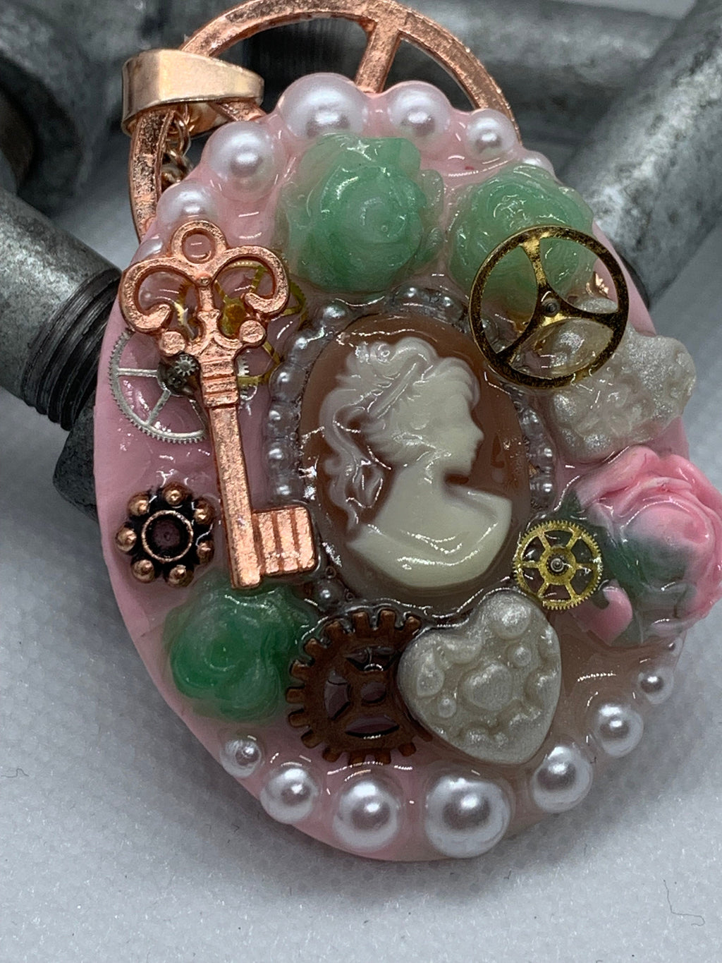 Oval Lady Cameo Steampunk Rose Pendant