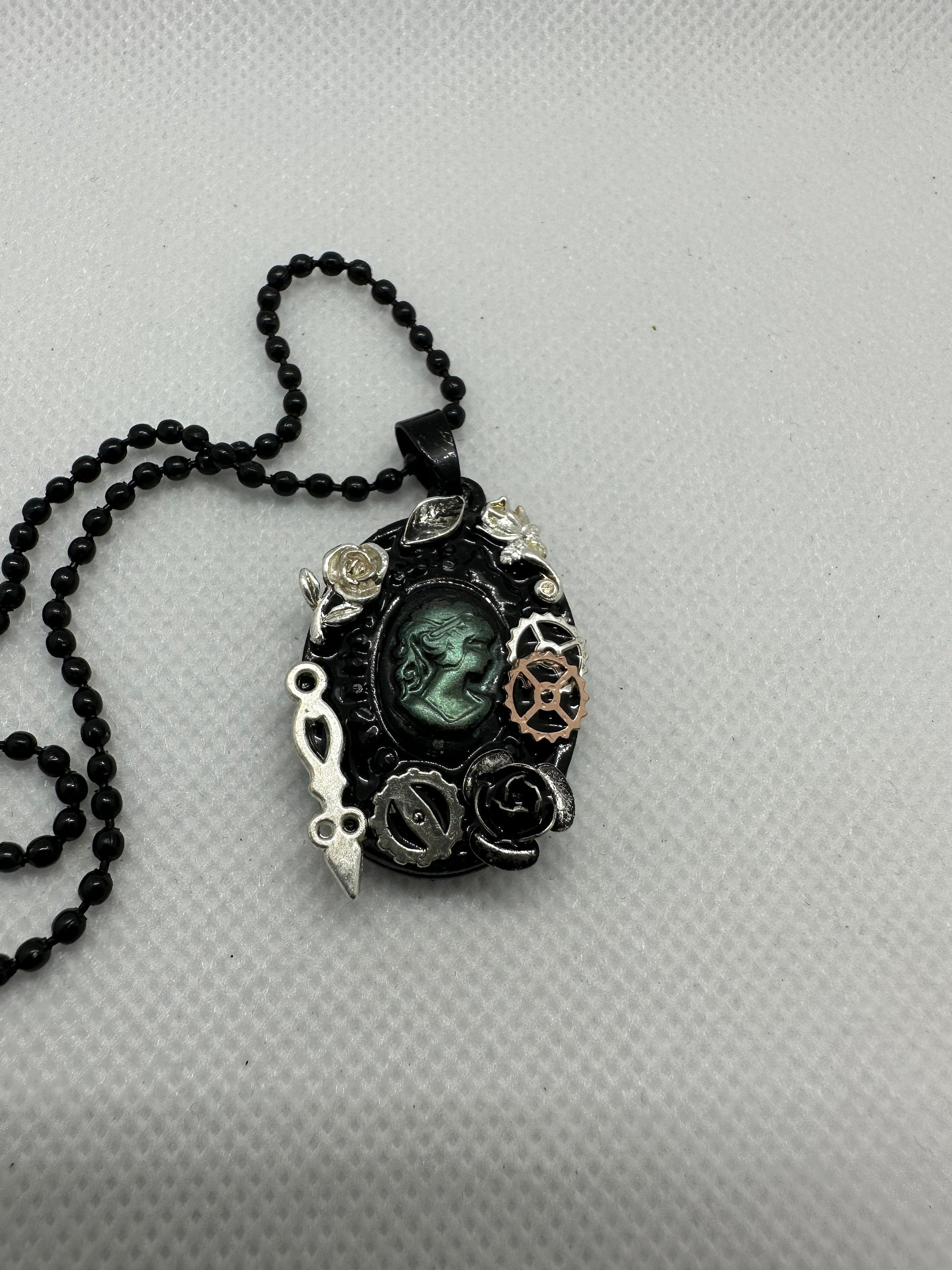 Steampunk Black and Green Lady Cameo