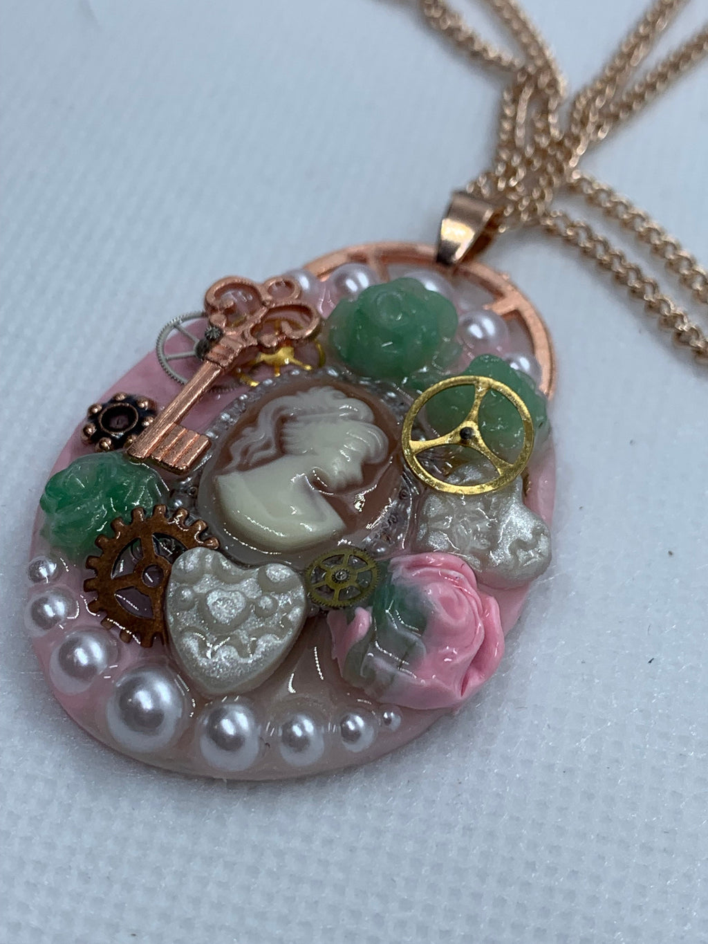 Oval Lady Cameo Steampunk Rose Pendant