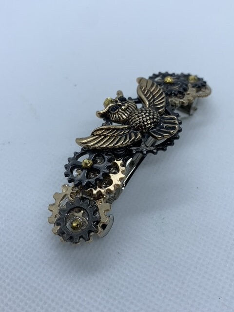 Steampunk Owl Black and Gold Hair Clip