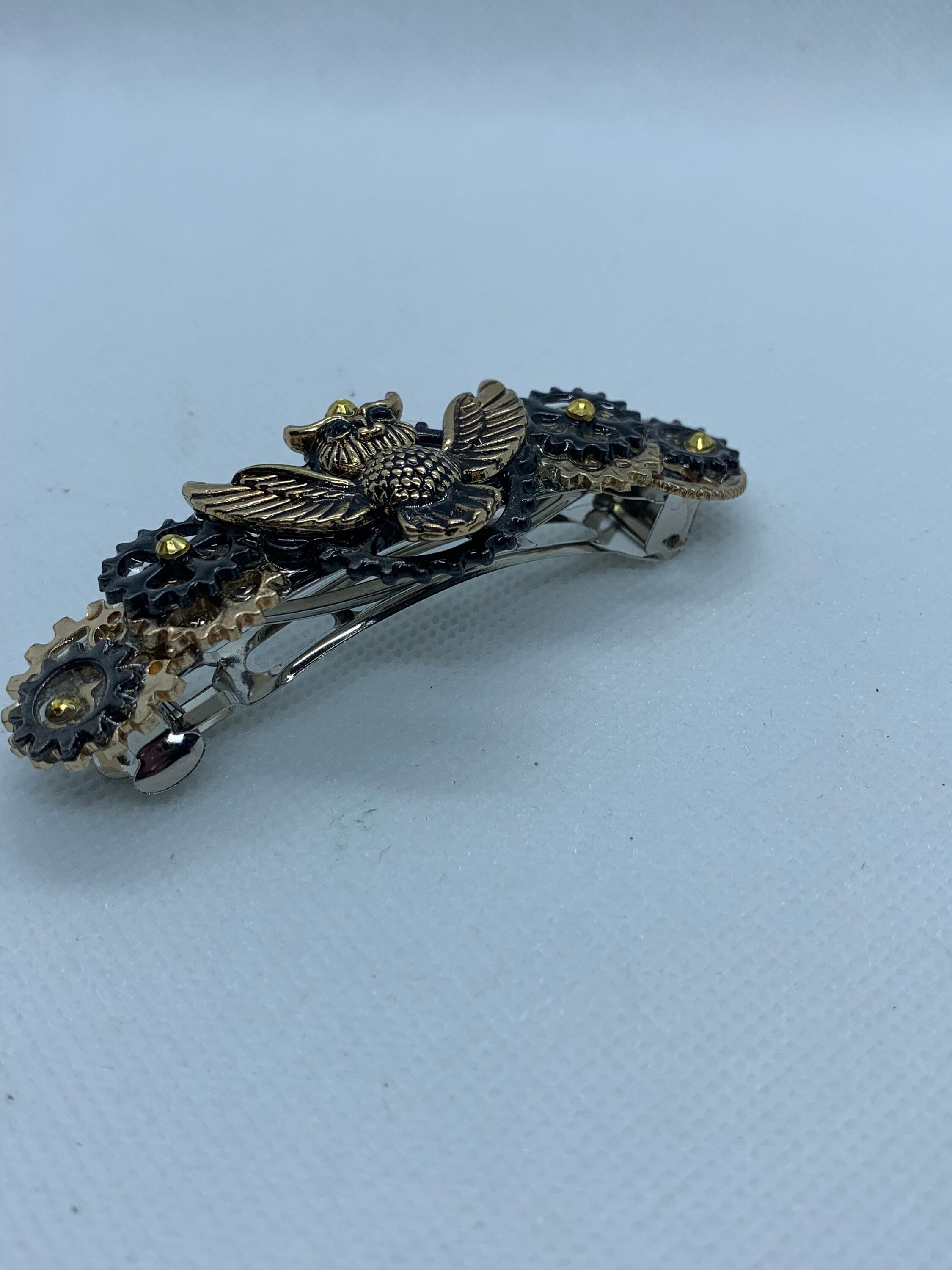 Steampunk Owl Black and Gold Hair Clip