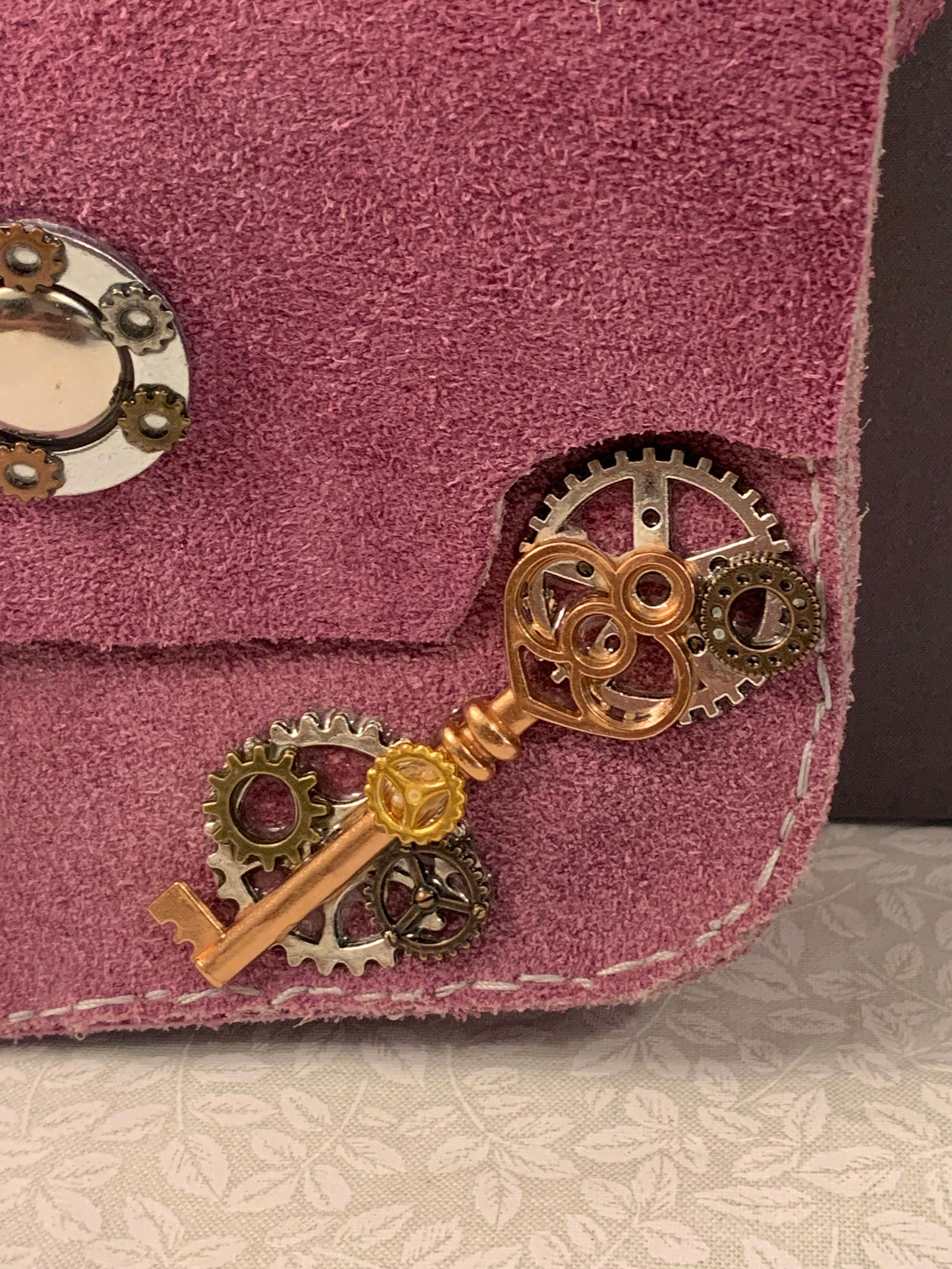 Steampunk Lavender Suede crossbody purse