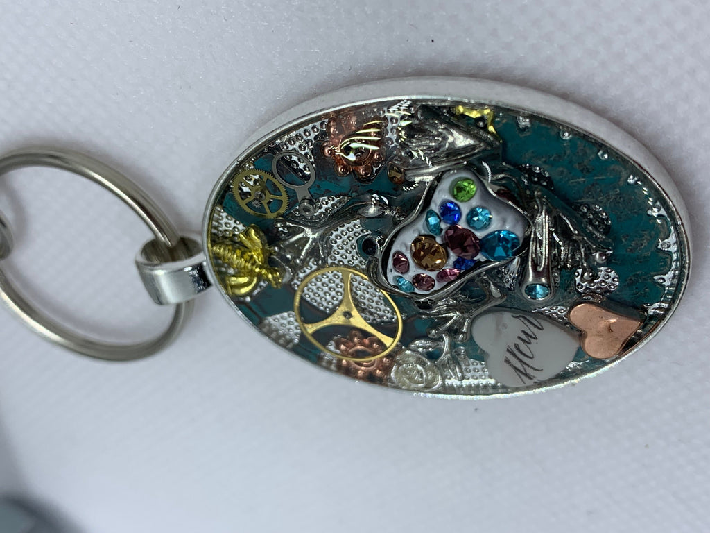 Silver White Steampunk Frog Keychain