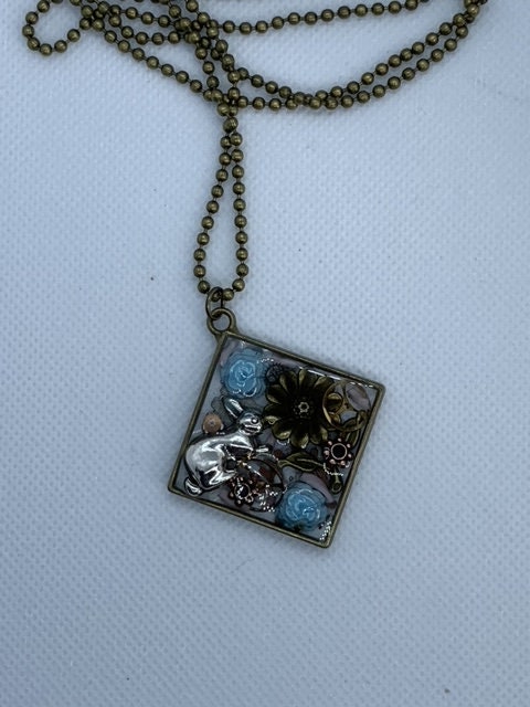 Easter Rabbit Blue roses Steampunk Necklace