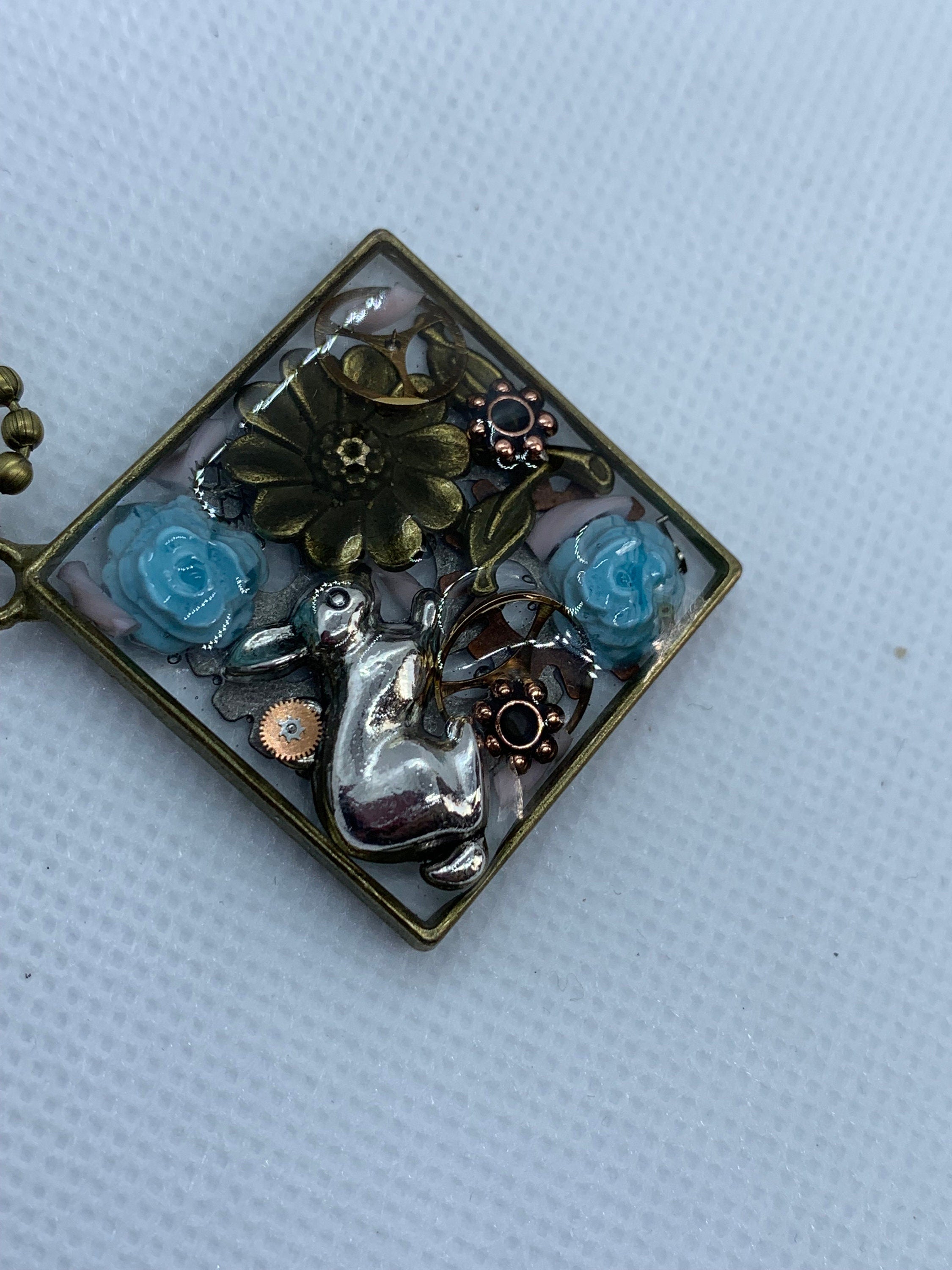 Easter Rabbit Blue roses Steampunk Necklace