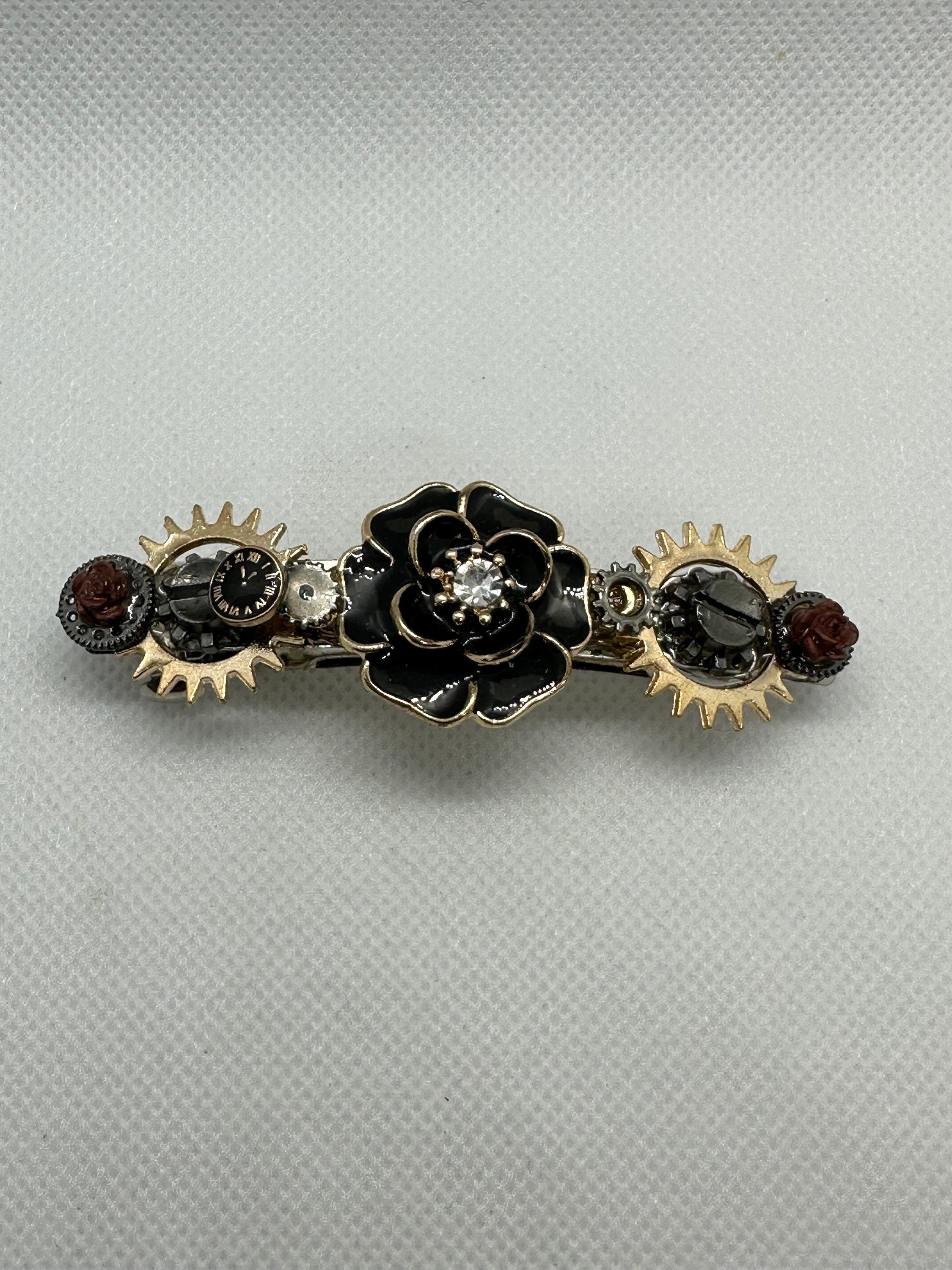 Black and Gold Steampunk Rose Metal Hair Clip