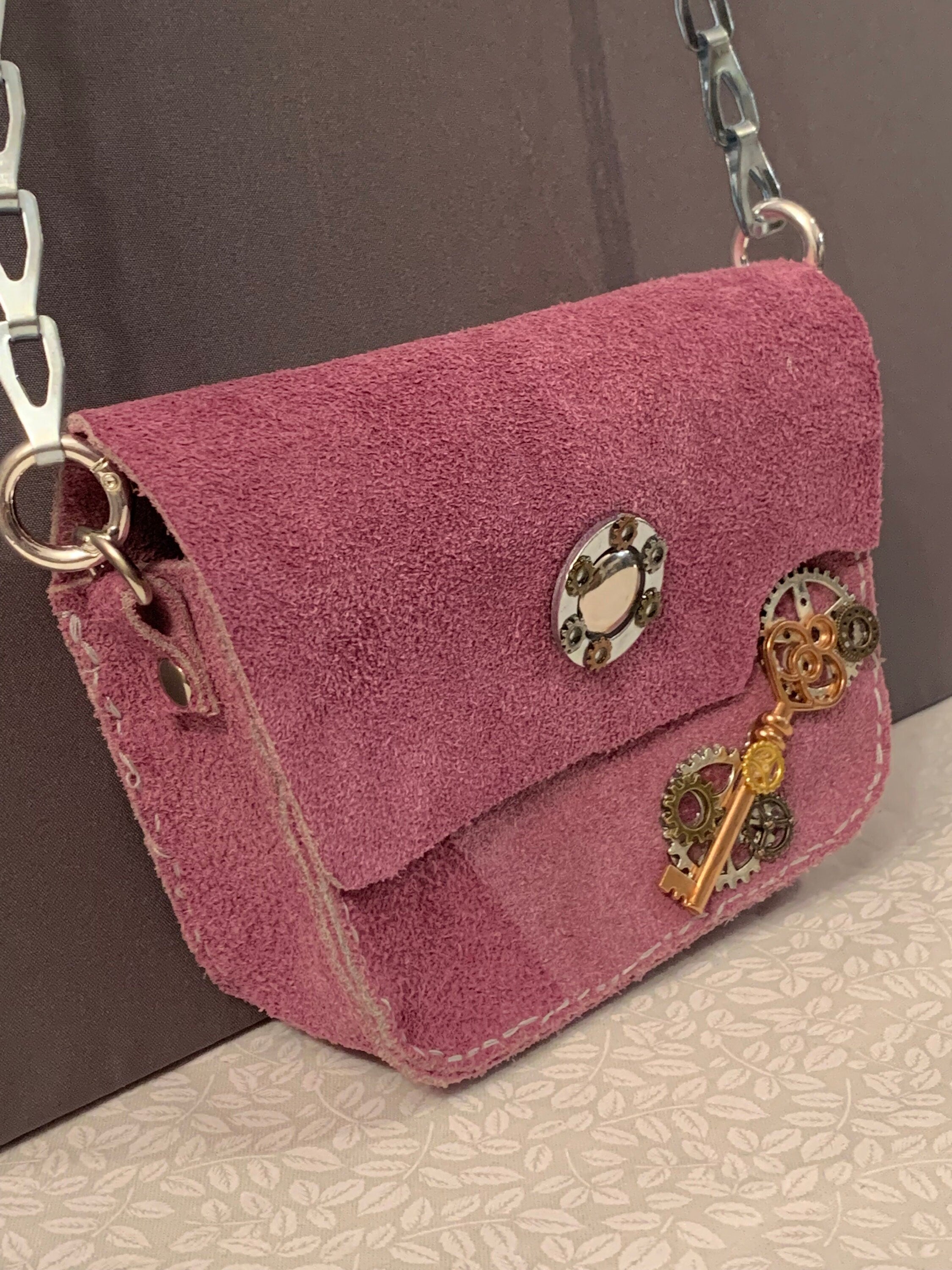 Steampunk Lavender Suede crossbody purse