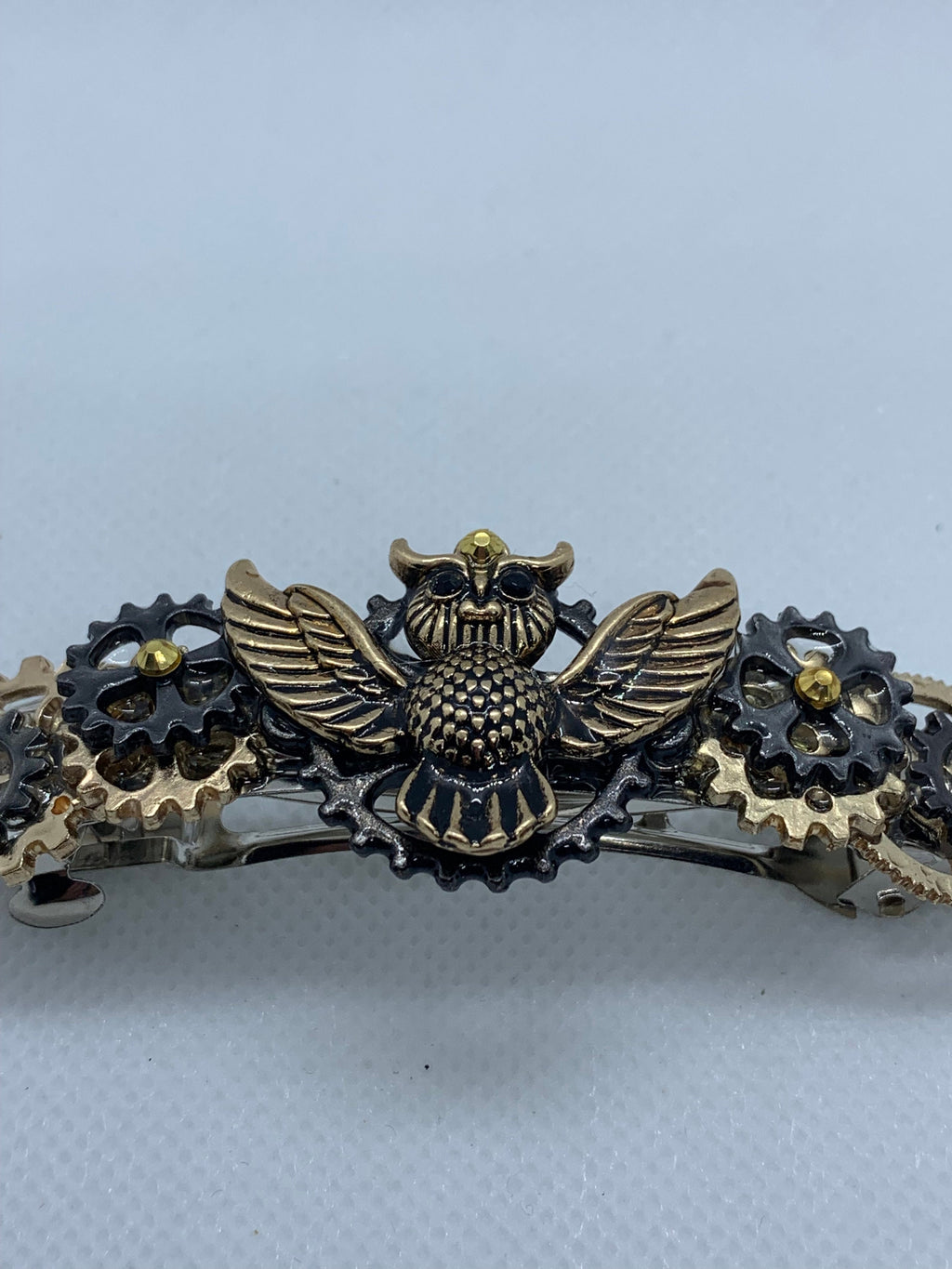 Steampunk Owl Black and Gold Hair Clip