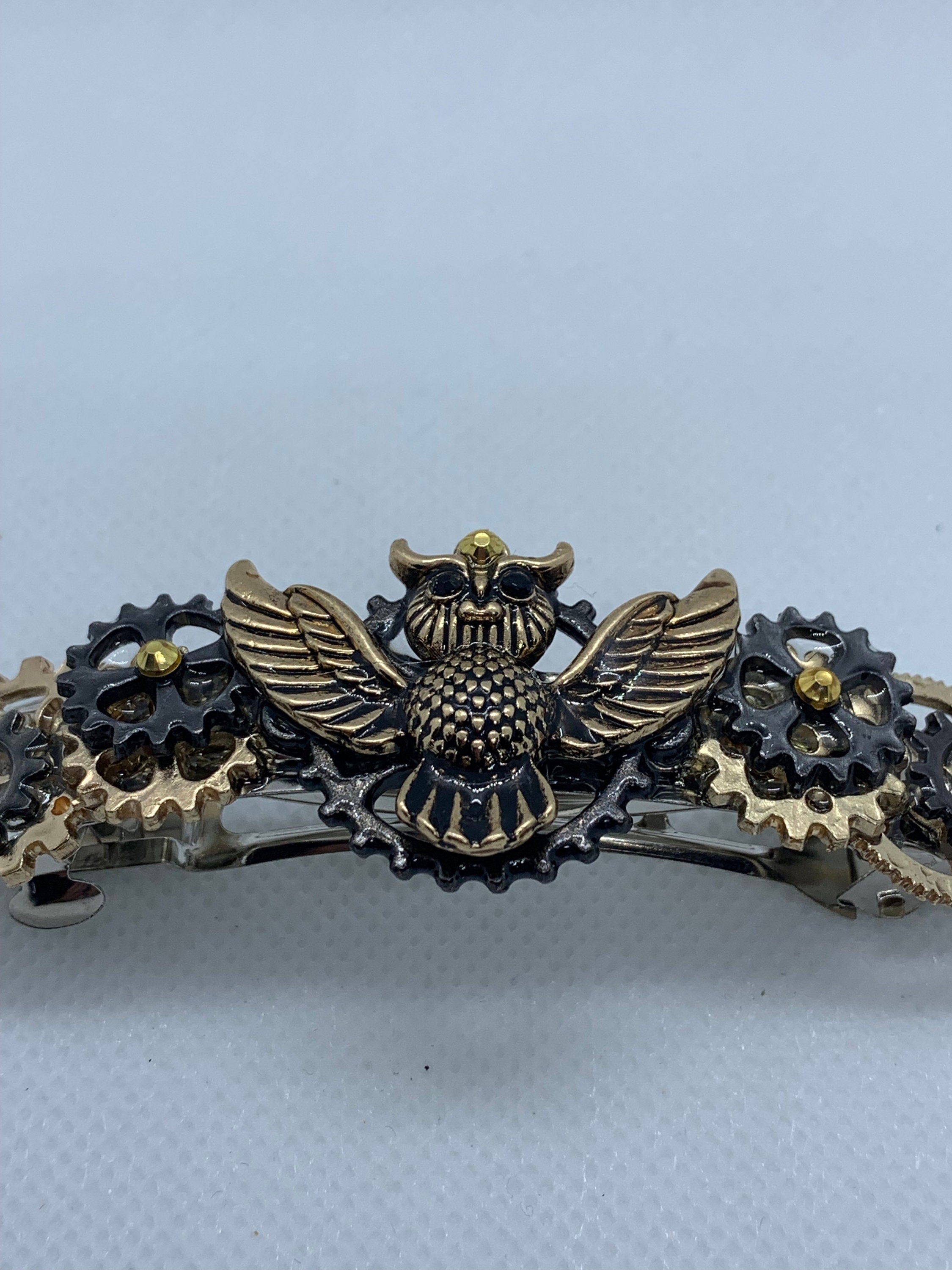 Steampunk Owl Black and Gold Hair Clip