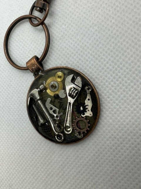 Steampunk Keychain with Hammer and Wrench