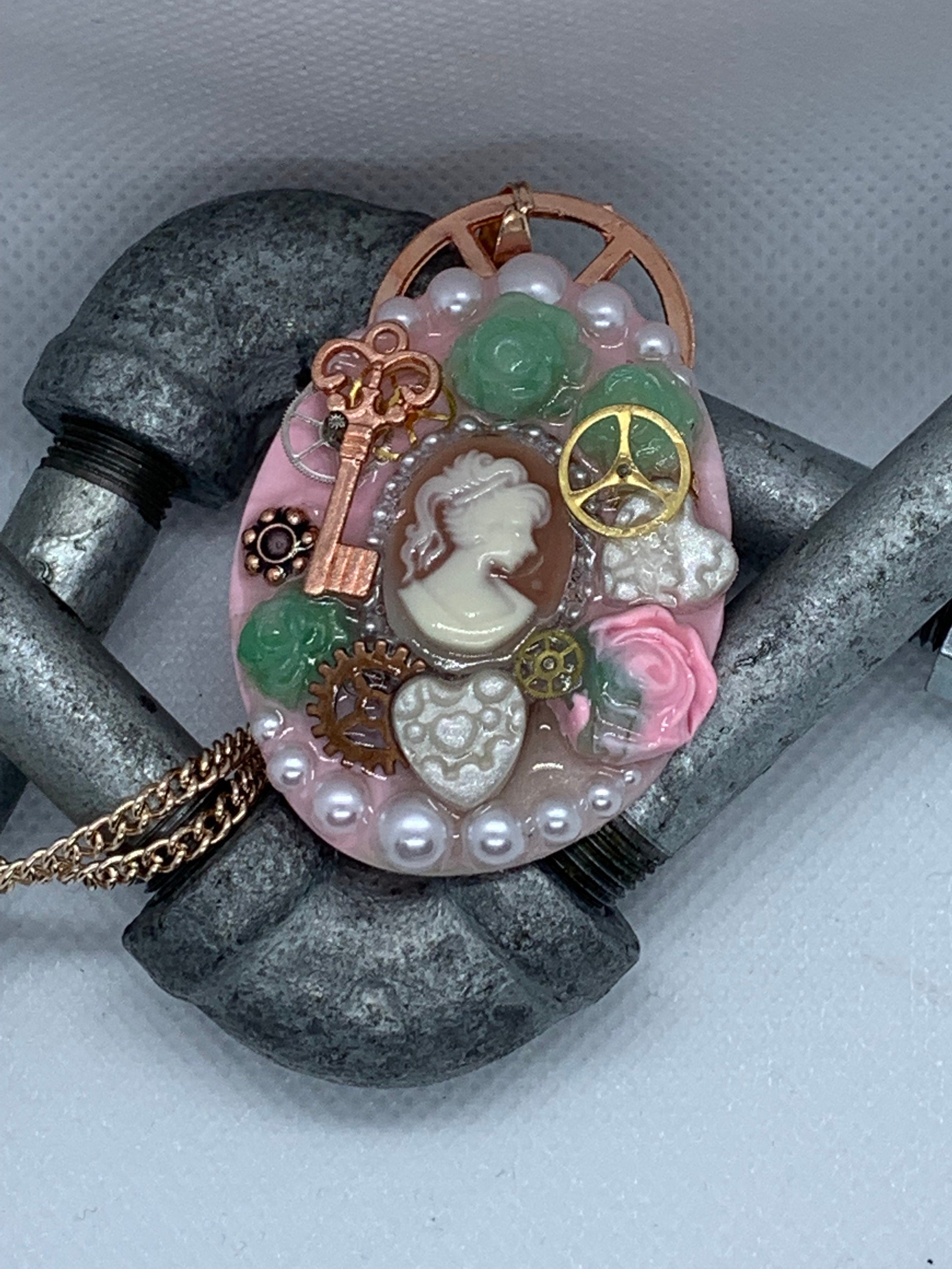 Oval Lady Cameo Steampunk Rose Pendant